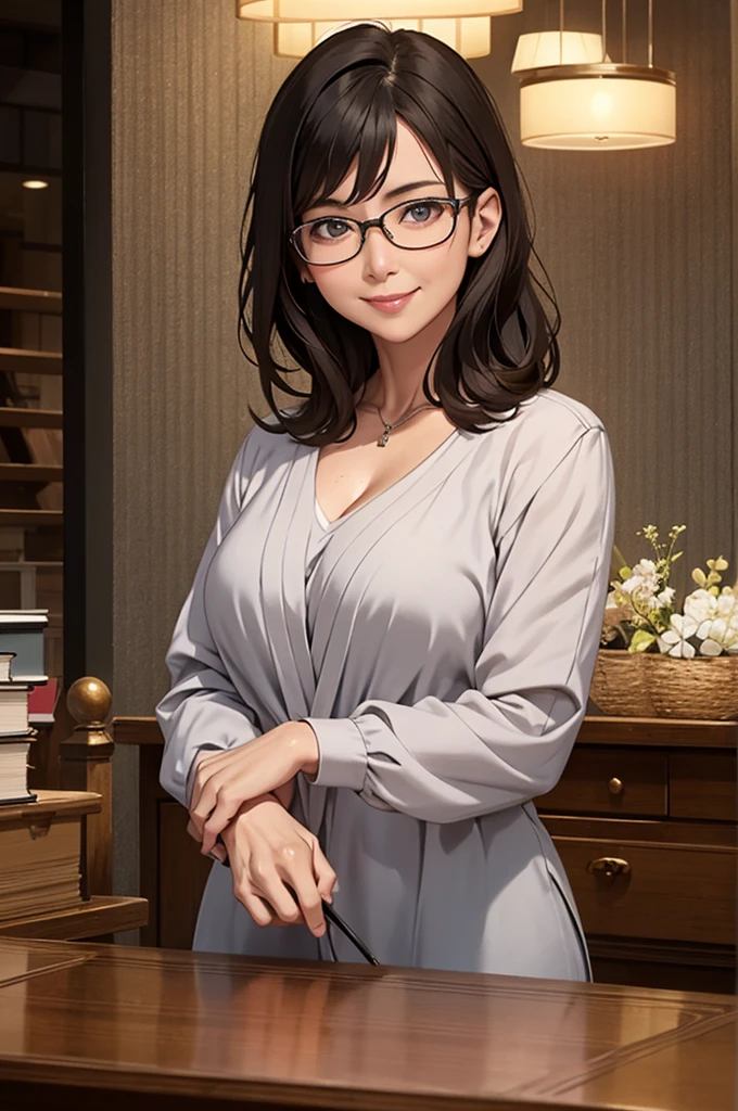8k, highest quality, masterpiece, Realistic, Photorealistic, Ultra-detailed, Natural light, large breasts with good shape, I can see her cleavage, 1 person, 40-year-old woman, Black Hair, Beaver, Straight Hair, Silver-rimmed glasses, (Look at the viewers), Knitted V-neck shirt, Highly detailed face and skin, Detailed eyes, Highly detailed face and skin,日Book人,Mature Woman,Book,A big smile