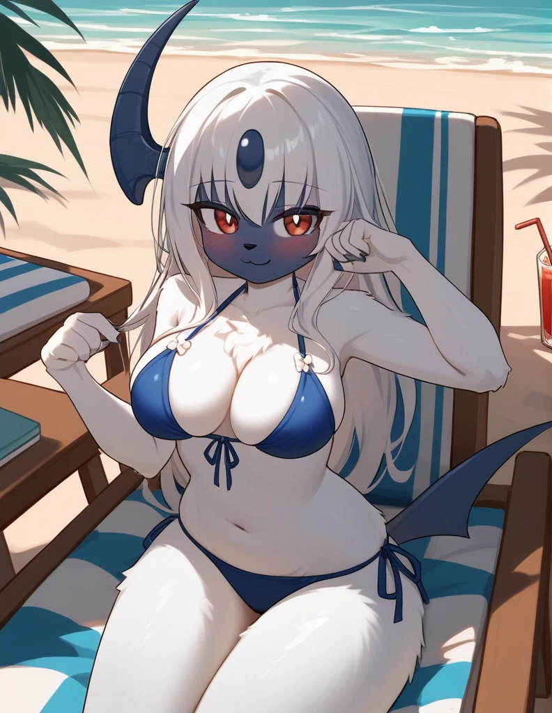 alone, score_9,score_8_up,score_7_up, by author Zinfyu, an anthro furry female absol girl, wearing frilly blue bikini, ample breasts, wide hips, lounging on a long pool chair on the beach, cute pose, shy smile, blushing, back view.