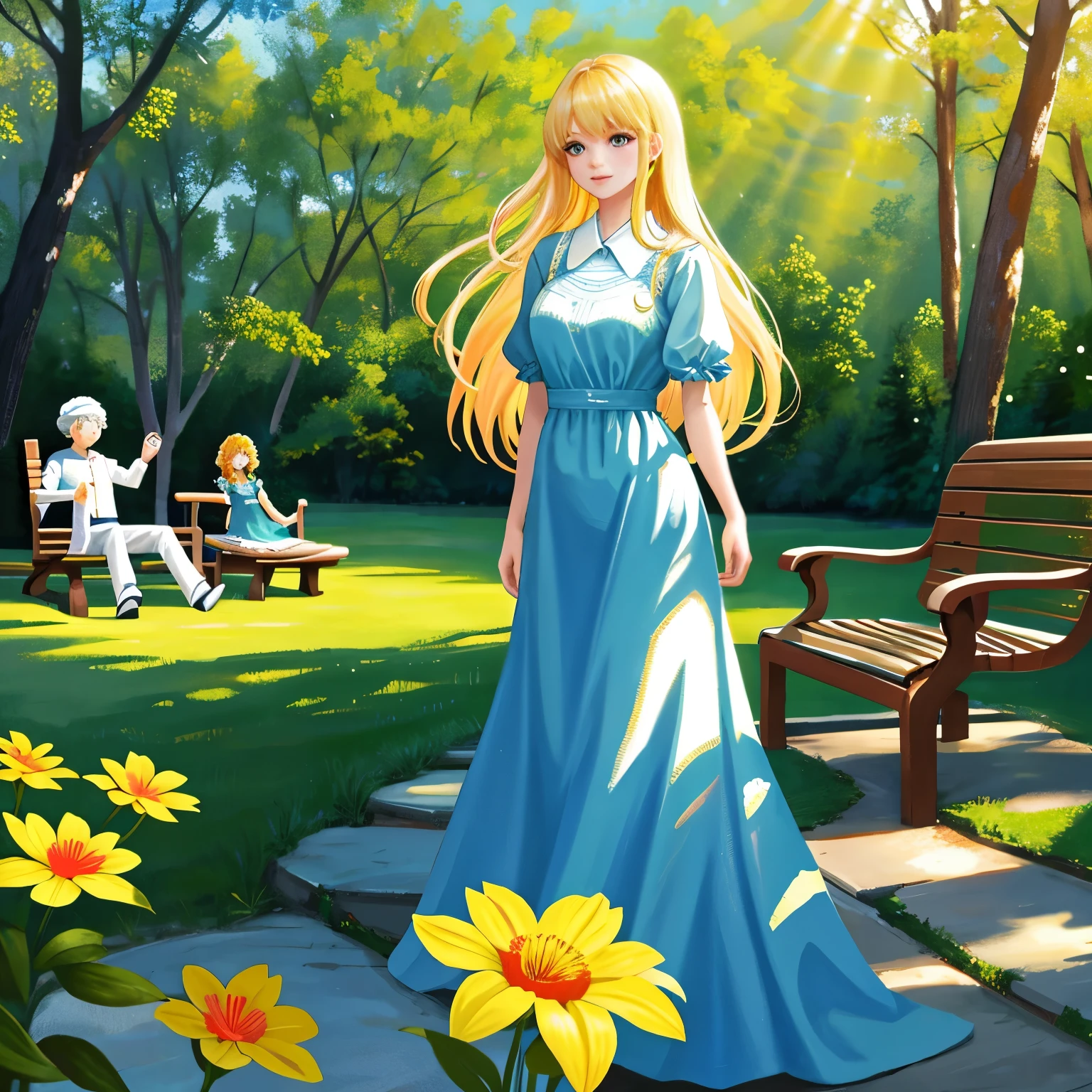 - Improved illustrations：(((masterpiece, best quality))), (((ultra-detailed))), super high resolution, (((Top Quality photorealistic Illustration))), (((Super Definition))), (cute illustration:1.3), (high Saturation:1.2), detailed beautiful face and eyes, (((an extremely delicate and beautiful))), (nice hands, perfect hands), (appropriate posture), (appropriate configuration), ideal ratio body proportions
- テーマ: (((Fulfilling your mission, we honor your way of life)))
- Number of people：(((ultra-ultimate beautiful) 1 woman)))
- Face details：Bright smile, big eyes, high cheekbones - Movement details：(((Walking calmly)))
- Emotions and expressions：Happy expression - Perspective: View from the front - Composition: Character placed in the center - Background details： Park bench with greenery indicative of sunset/sunrise lighting. The background includes trees and foliage, with warm sunlight filtering through, creating a serene and peaceful atmosphere. The bench is wooden with metal armrests, Typical of public parks - Costume details： Simple one-piece dress, color is light Blue
- 体型：Slim with feminine curves - Hairstyles and colors：Long flowing hair, color is blonde - light and shadow：The setting sun illuminates the character, and the shadow extends behind
- 色彩：Warm color scheme - character and background perspective：Character is placed in the foreground, background is placed in the distance - the size of the illustration（fixed）：768×768 - Atmosphere of the illustration：Calm and warm atmosphere - Worldview：Realistic worldview - Style: Photoreal style - Powerful words：「Artistic, ultimate, strongest, perfect, extraordinary, groundbreaking, amazing, overwhelming, original, pioneering, innovative」
- Differentiation：「**Creative innovation：**、**Unique visual elements：**、**Cultural sensitivity：**、**Impact on the environment**、**References to history and mythology：Fable elements：**、**Technical constraints and possibilities：**、**Interaction design：**、**Sustainability：Legal constraints：」
- image quality：absurdres, ultra quality, realistic, Hyperreal, ultra-detailed illustration
- 品質：Ultra quality detailed art - Resolution：High resolution (HD, 4K, 8k, 16K), color bit depth is 24 bits, 48 bits
- Color Scheme (all fixed): Gold, Blu