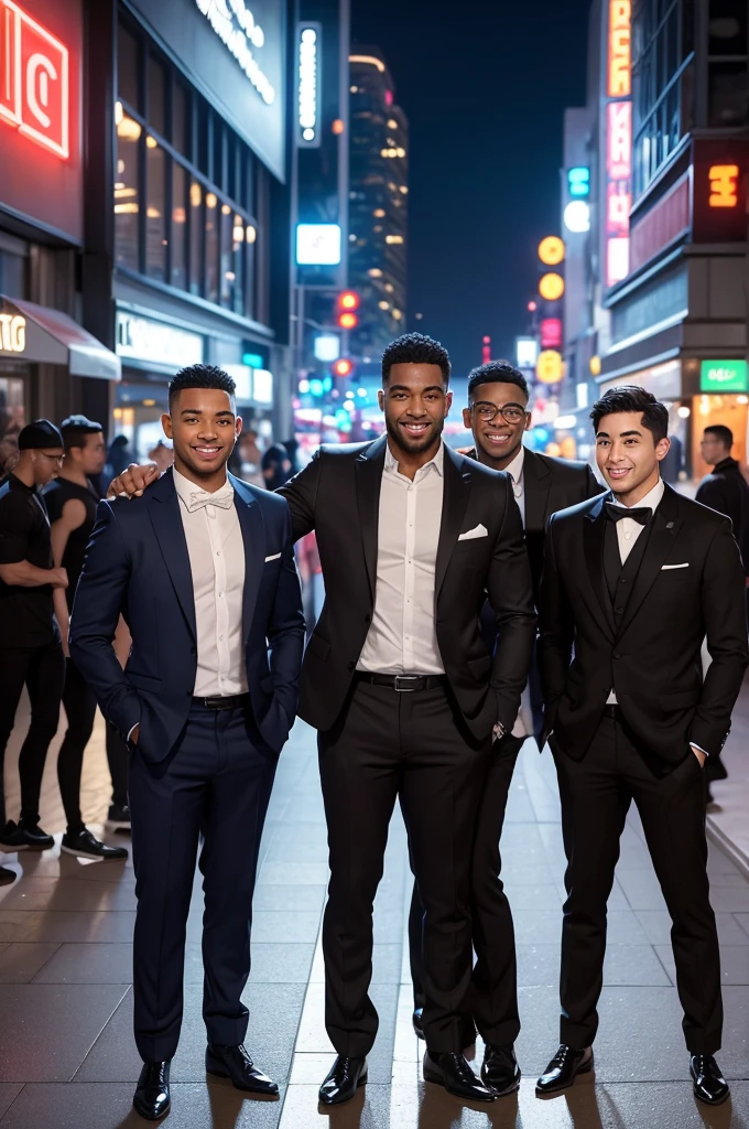 Men of different ethnicities posing for photos all in different poses and separated from each other, casually dressed, in a modern urban environment. The scene must include three men in dynamic positions, with smiles and confident expressions, captured in a natural and relaxed moment. The background should show a busy street with tall buildings and neon lights, reflecting a vibrant big-city atmosphere.