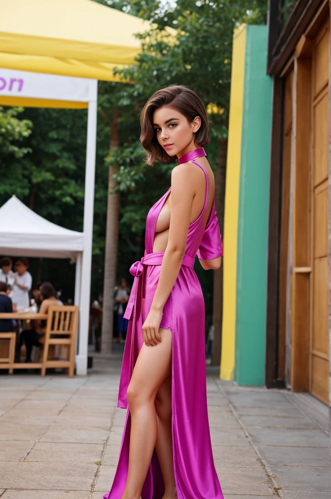 Non-Binary, Femboy, with light chocolate Brown hair even with shoulders in a windswept cut style, has a soft facial complexion, feminine features, full body, best quality, solo, short eyebrows, shoulder length hair, brown hair, hazel green eyes, choker, arched back, full body shot, in summer, cafe, summer festival, facing the camera, magenta colored robes with the edges lined with golden yellow silk, stylized white lotus flower on the robes, large plump K-cup breasts