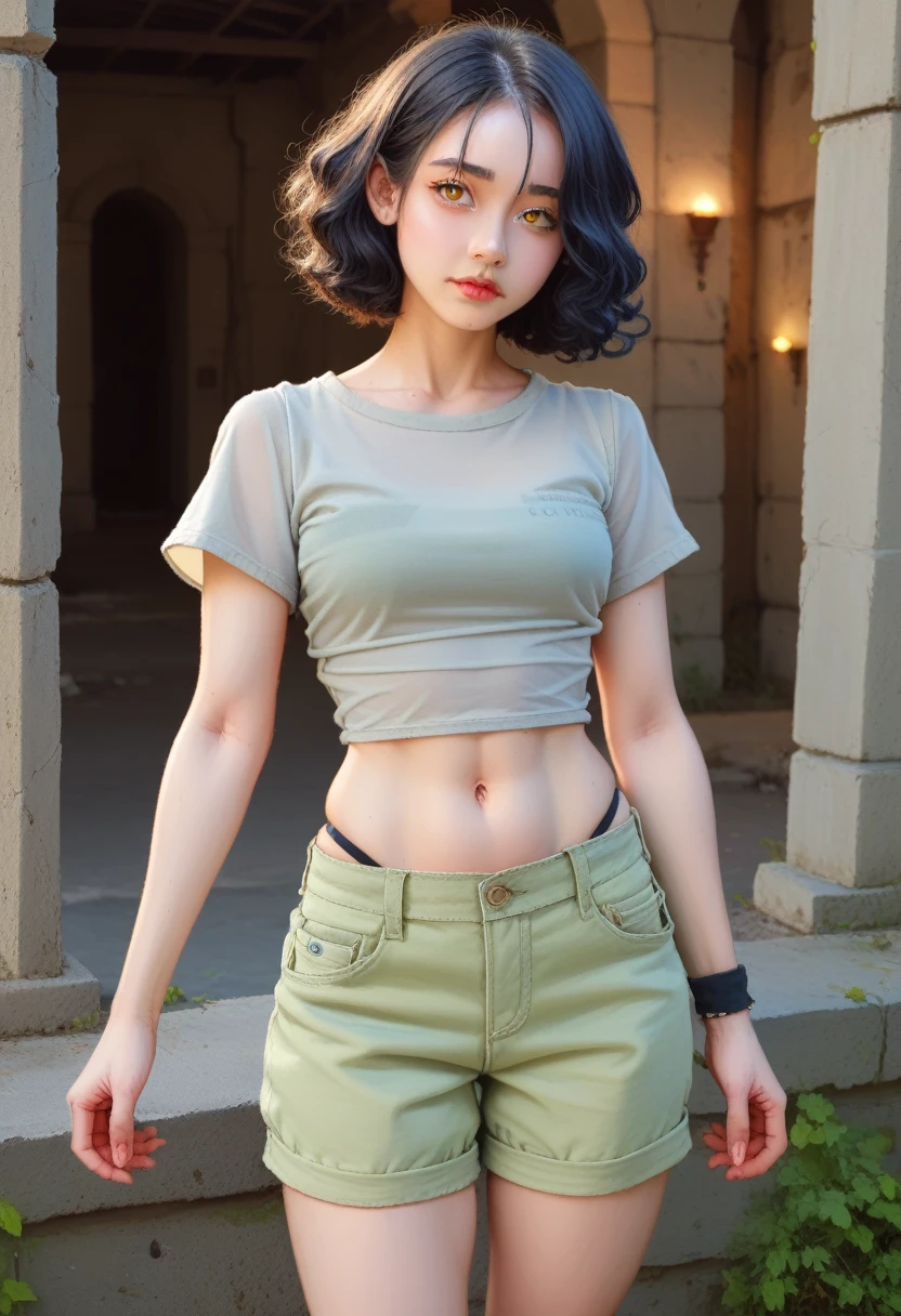 Bright lens: 1.3), epic realistic, Yellow eyes, Girl attacker, (A girl), Light gray opaque short-sleeved top, Sheer fabric at waist, wavy hair 1.4, (Dark blue hair), short hair, Dark blue and orange color scheme, (Light green shorts), The Aesthetics of Wilderness and Canyons!!! n Ruins, Soft lighting, Adobe Lightroom, darkroom, HDR, complex, Green bracelet on the arm, straps from red thrings over Sheer fabric at waist, Thong under shorts