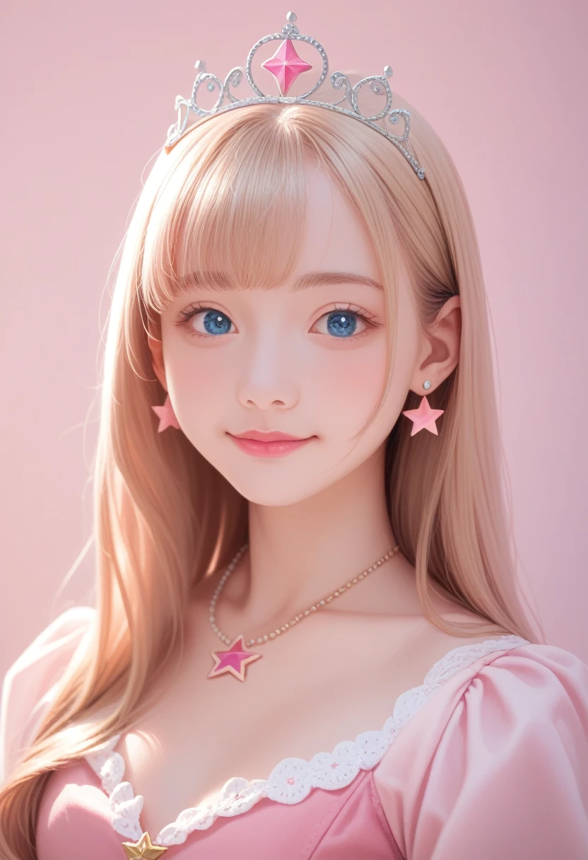 1girl,star blue eye,blush,perfect illumination,upper body,3DMM,blonde hair,long hair,jewelry,gradient pink background,pink dress,earrings,pink dress,realistic,necklace,looking at viewer,tiara,pink lips,light smile,unreal engine,side lighting,detailed face,bangs,bright skin