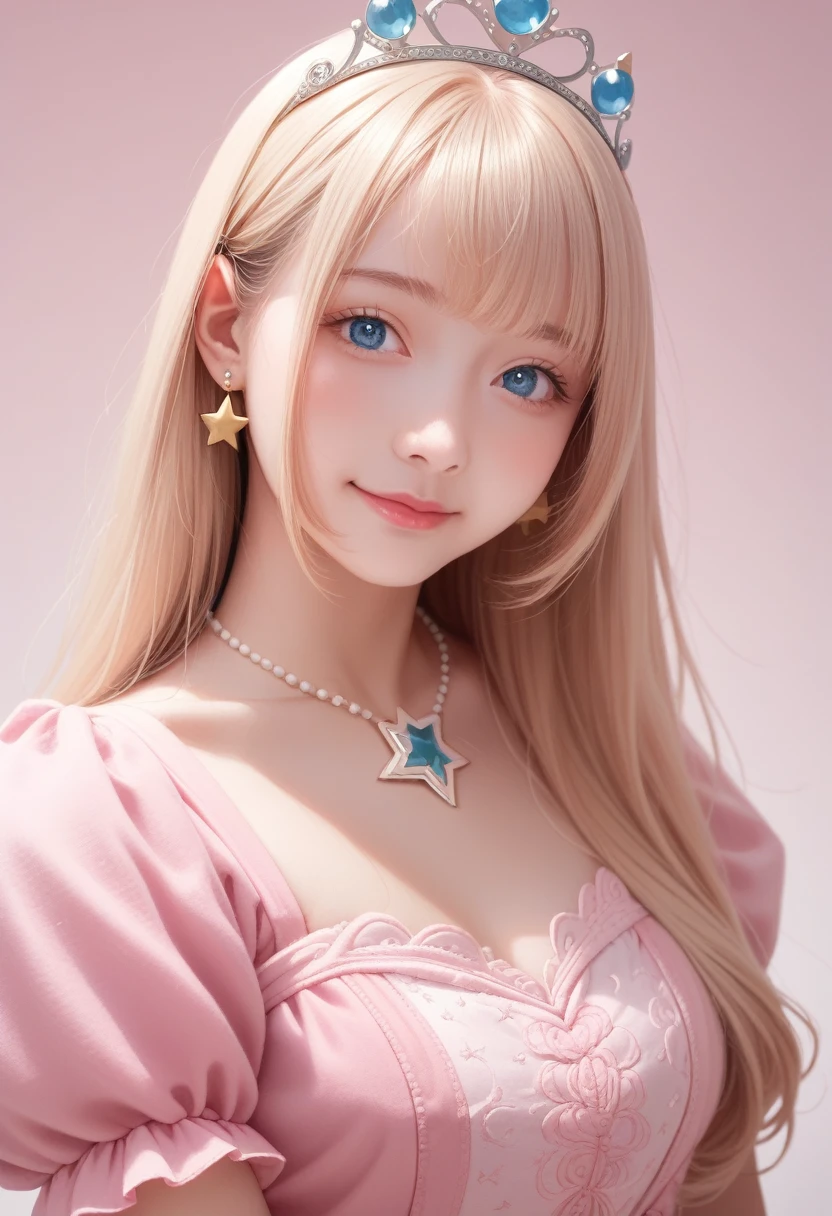 1girl,star blue eye,blush,perfect illumination,upper body,3DMM,blonde hair,long hair,jewelry,gradient pink background,pink dress,earrings,pink dress,realistic,necklace,looking at viewer,tiara,pink lips,light smile,unreal engine,side lighting,detailed face,bangs,bright skin