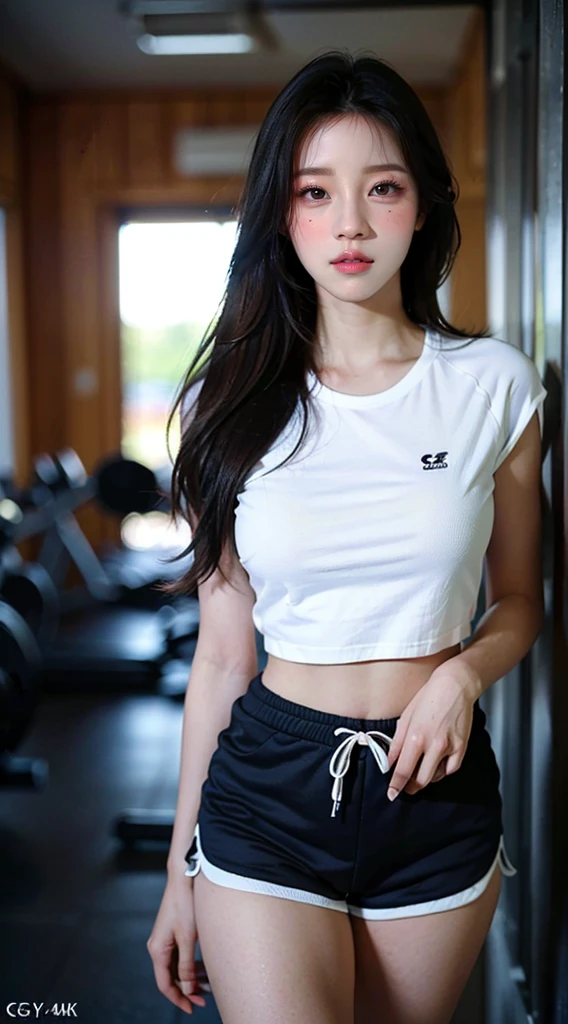 (Best quality, 8k, Masterpiece :1.3)), 1girll, busty, Pretty woman with slender abs, (Long hair, Ultra-detailed face, Detailed eyes, double eyelid, sweat shorts, Extreme shorts, Korean girl, Soft lighting, Depth of field, Sexy pose, gym, Masterpiece, Best quality, Ultra-high resolution, high detail photo, Unity 8k wallpaper, Extremely detailed CG:1.2),(RAW photo,:1.3), (photograph realistic:1.4), 1girll , Young, Physically-based rendering, Cute, (finerly detailed face:1.4, Detailed clothes), (Detailed:1.4) Beautiful face, Depth of field, Add layer, hyper realistic, 18 years old,perfect body model, perfect , 175cm tall