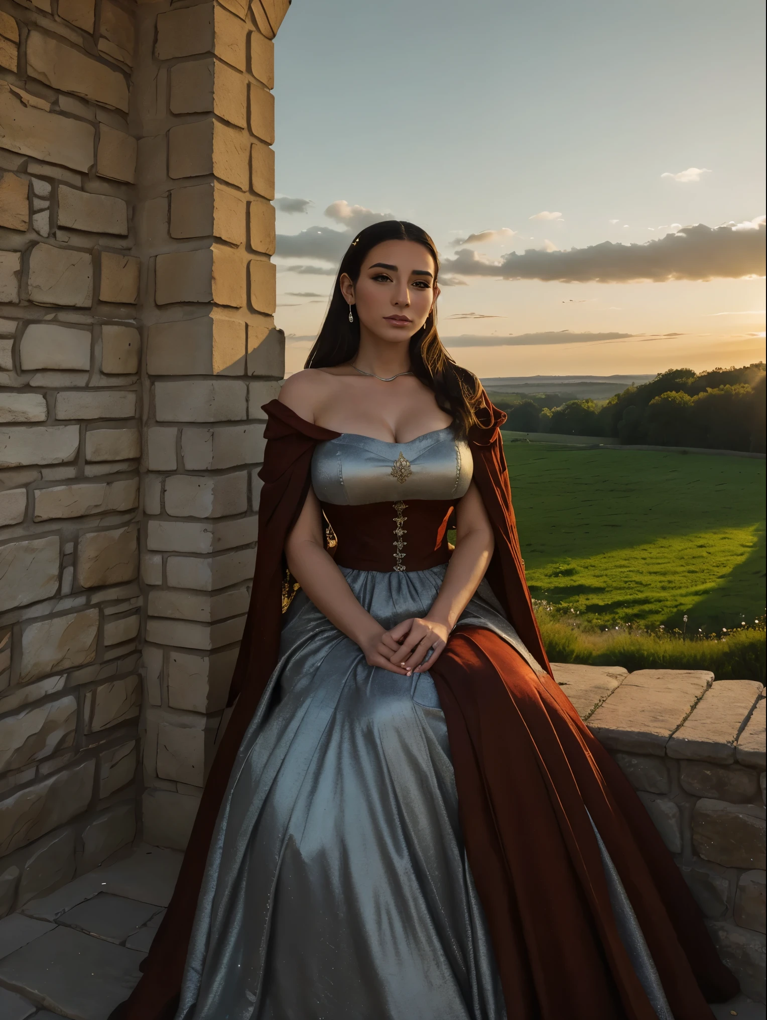 Beautiful and regal, imperious and aloof, busty athletic (thin) brunette queen with sharp facial features wearing a modest updo, dark red medieval dress, long sleeves, wide neck, crown, veil, long dress, modest dress, tight bodice, silver (waist chain), medieval jewelry, Middle Ages, castle, rampart, wall, exterior, on top of a castle wall, trees, countryside, evening, sunset.