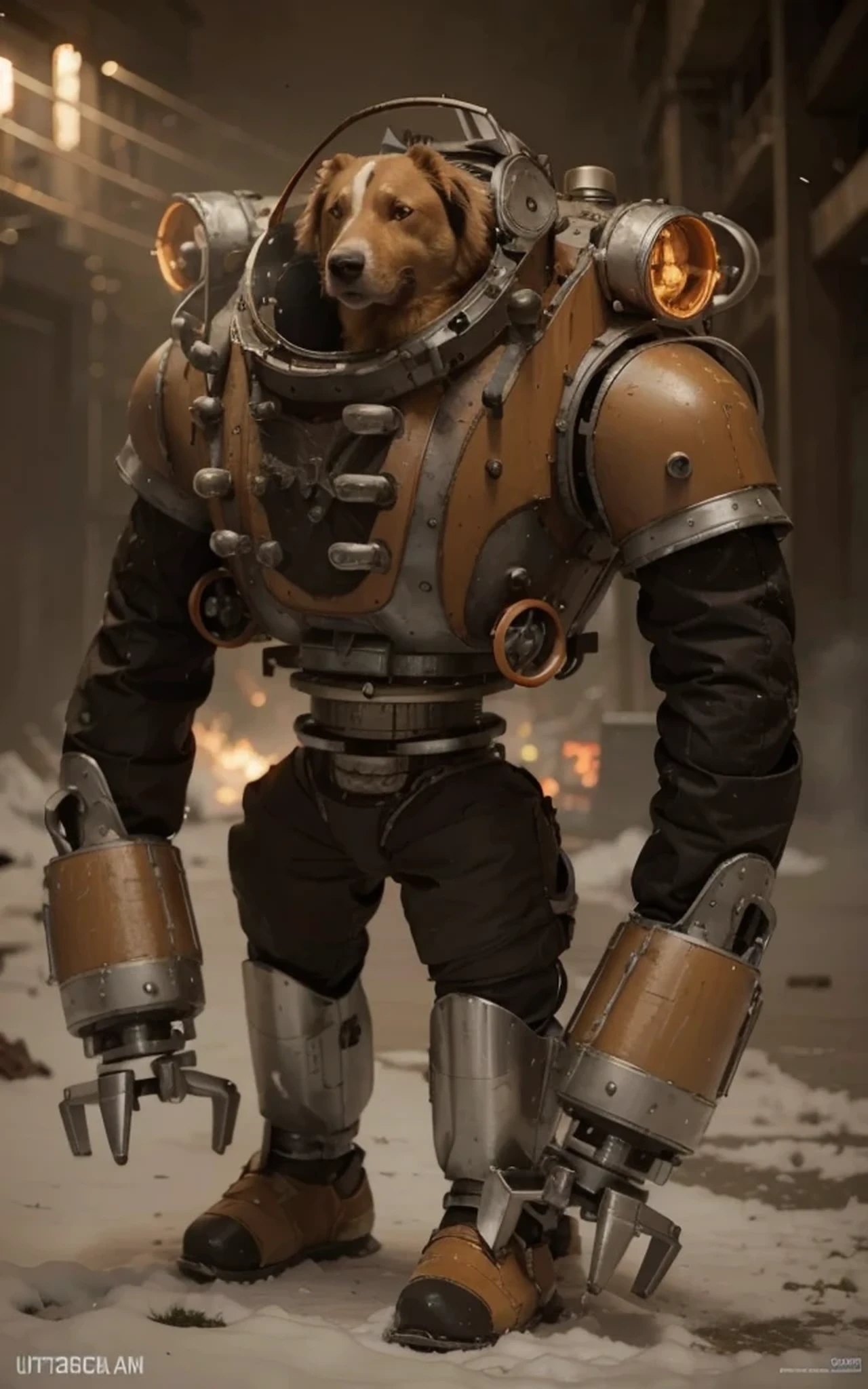 Orange brown retro-Soviet dieselpunk style heavy robot, It has a realistic border collie breed dog head, weapons, Cables and tubes, It is in a destroyed modern city in Eastern Europe., snowfall, Fire, smoke, 4k, Ultra detailed, realistic image, Highly detailed, perfect composition, splendid, Intricately detailed, Incredibly detailed, 8 k artistic photography, hyper detailed, Masterpiece
