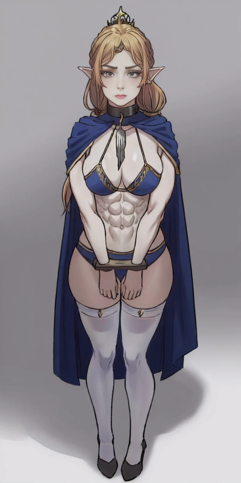 extremely long hair, ponytail, perfect anatomy 1 girl tall solo, slim thick ((muscular)) high elf full body toe to head toned body, silver breast plate, blue cape, slendered abs, hourglass waist, detailed face, defined cheekbones, puffy lips, gauntlets, gold crown, shadow over eyes, looking at viewer, masterpiece, white thigh highs lingerie, high heels, slave metal collar choker neck bell shackles wristbands bracers bracelets sleeves (plain background)