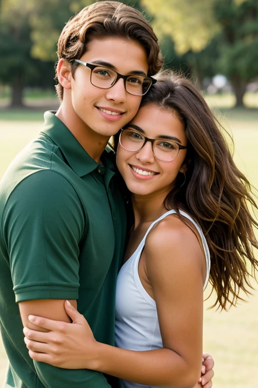 Boy with tanned skin, high. green eyes, wavy brown hair. Athletic and handsome hugging his brown-eyed girlfriend, high, straight brown hair with glasses and pretty.