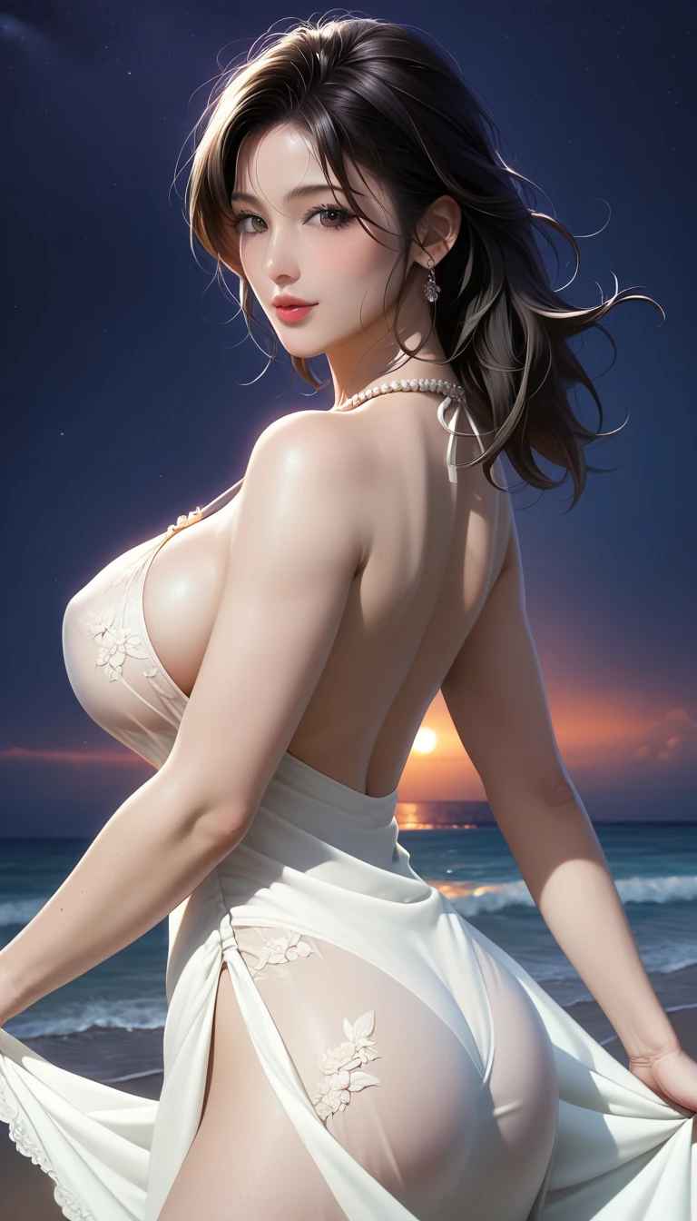 score_9, score_8_superior, score_7_superior, Masterpieces with up to 16K resolution,Highest quality,it is really amazing,Very detailed,Ultra-high resolution,Real,Realistic,Increased depth of field,Cinematic lighting,
( japanese milf:1.5),
Long black hair,Ultra-detailed and beautiful faces,Translucent white skin,Very detailedな肌の質感,Slender body,Anatomically correct body,
(elegant beach dress:1.5),
Summery design,Beautiful and detailed pattern,Detailed fabric texture,
Gorgeous necklace,Earrings,
(Coastal scenery at night:1.5),
Dark Clouds,Dark Sky,delay々Continuing sandy beach, Deserted Beach,Dark sea surface,
Beautiful back view,Buckshot,
