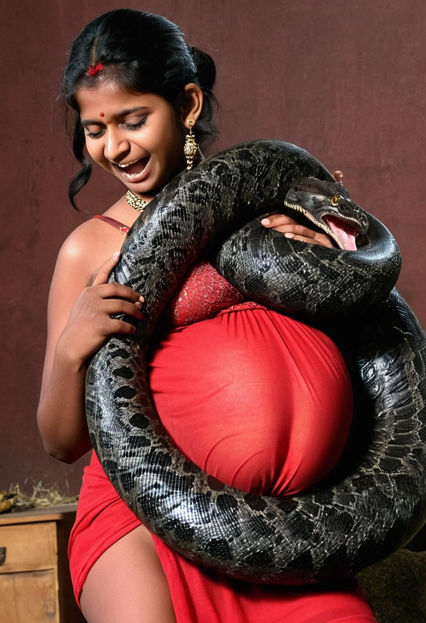 Pregnant Happy Horny, aroused 1girl), beautiful indian young teen girl wearing red thong with giant colossal black titanboa monster squeezing her hard, wrapped in thick spiraling coils, constricted, struggle, gasping for air, snake attack, snake peril,
