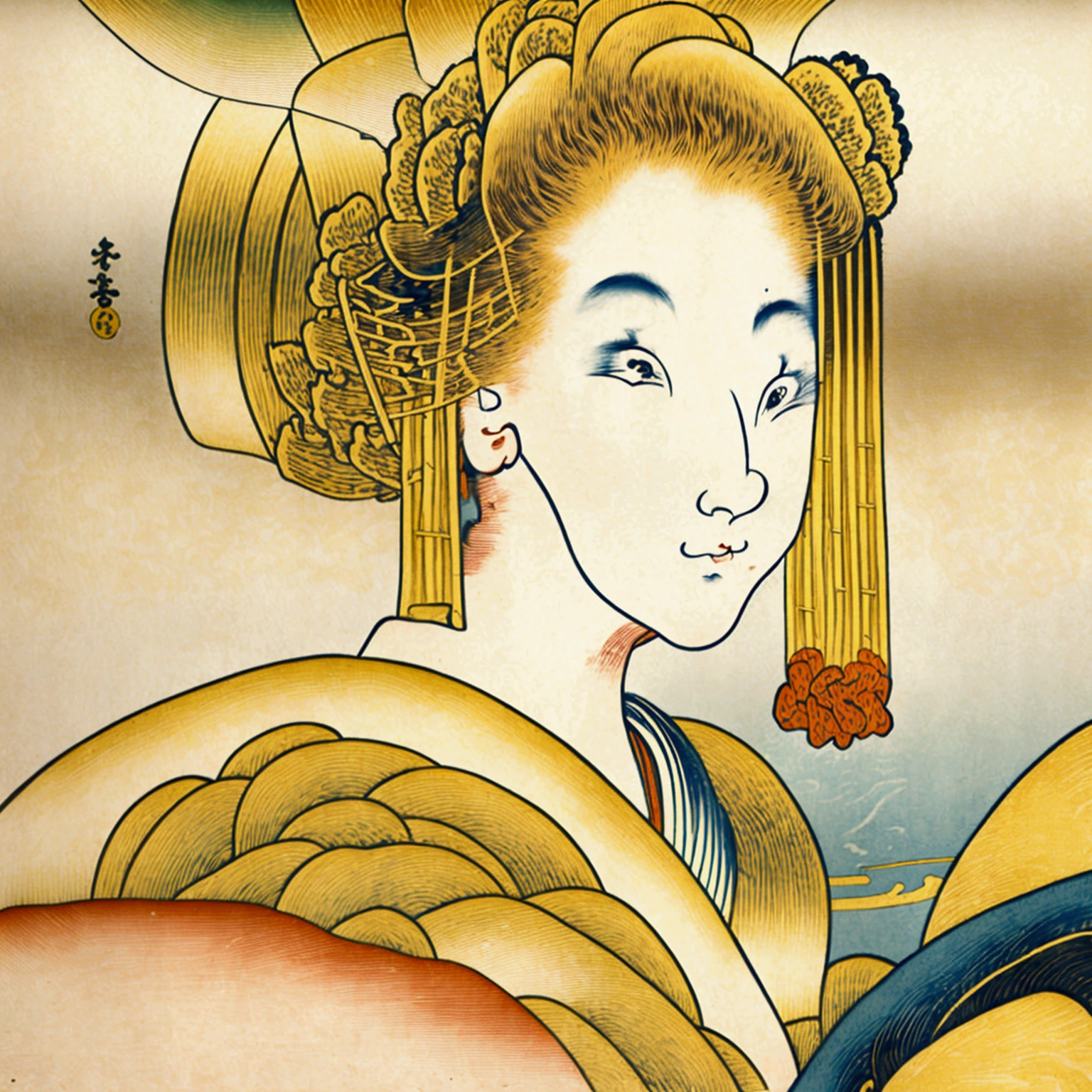 (((The Birth of Blonde Venus)))、(((Close-up full-body portrait of a beautiful blonde woman)))、,(((Ukiyo-e of beautiful women)))、Royal Sister,Jay's official art,Unity8k wallpaper,Ultra-detailed,Beauty and aesthetics,masterpiece,Highest quality,One girl,Very detailed,Dynamic Angle,Chaotic beauty,elegant,Bright colors,Romanticism,takato yamamoto,Ashley Wood,Atmospheric,Ecstasy Music Notes,Streaming notes are visible