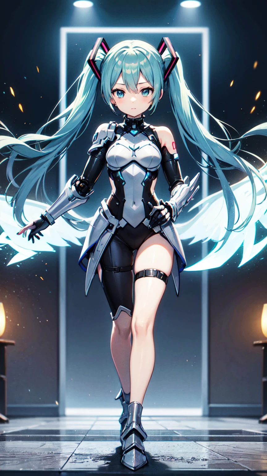 Hatsune Miku, Mecha Girl, Nanomachines, ((Metal Armor)), Wings of light, High heels, ((Noise Reduction)), Tabletop、Exquisite design、Visual Arts、Concept Artist、Five Fingers, Perfect body, {{{masterpiece}}}, {{{Highest quality}}}, {{Very detailed}}, {shape}, {{Very delicate and beautiful}},Improved cost performance、All Roles、Canon 5D MK4でphotograph、photograph, 8K Illustration