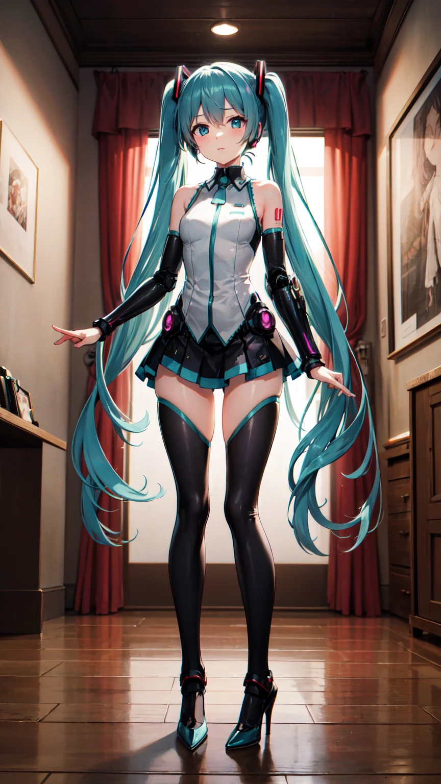 Hatsune Miku, Mecha Girl, Nanomachines, ((Metal Armor)), Wings of light, High heels, ((Noise Reduction)), Tabletop、Exquisite design、Visual Arts、Concept Artist、Five Fingers, Perfect body, {{{masterpiece}}}, {{{Highest quality}}}, {{Very detailed}}, {shape}, {{Very delicate and beautiful}},Improved cost performance、All Roles、Canon 5D MK4でphotograph、photograph, 8K Illustration