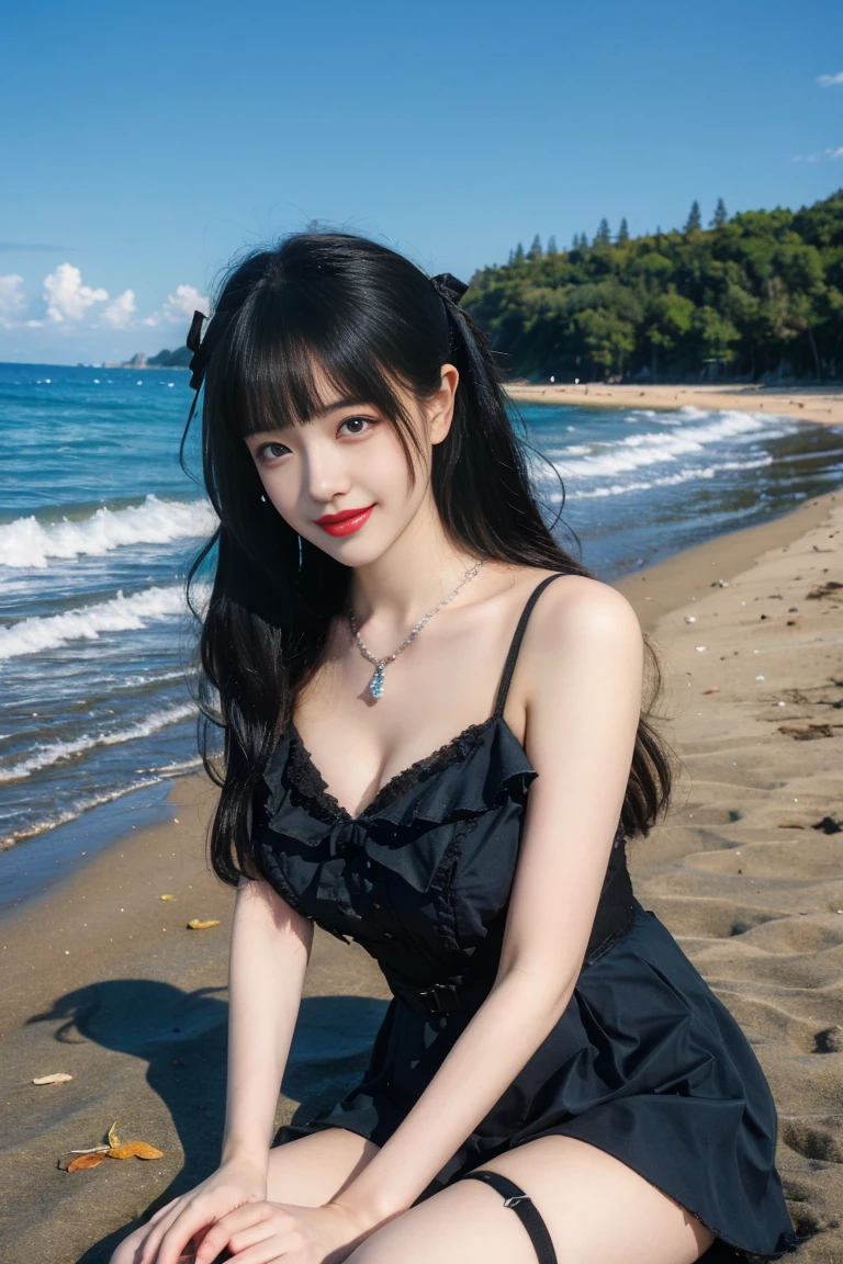  best quality, tmasterpiece,Ultra-high resolution,Clear face,（Reality：1.4），ferpect lighting，(full body), (photorealistic:1.50), anime wallpaper, Guviz style artwork, cover-up fantasy up to magic , by Yang J, Guviz, beautiful artwork illustration, beautiful digital artwork, beautiful digital illustration, Li Song, beautiful anime portrait, art style in Beauvot,1girl, 独奏, bangs, long hair,twintails, hair ribbon, jirai kei attire, jirai kei, black thighhighs, high heels, jewelry, collarbone, earrings,smile, necklace, (sitting), (big breasts:1.5), (shagging breasts) Naughty, sexy poses, (From the front:1.3), On the beach, Beach sand, waves, (Beach:1.5),basking under the sun,