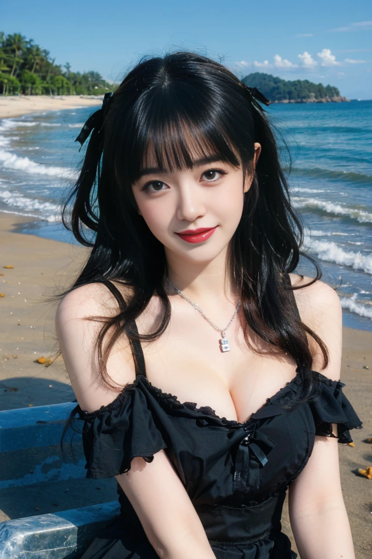 best quality, tmasterpiece,Ultra-high resolution,Clear face,(Reality:1.4),ferpect lighting,(full body), (photorealistic:1.50), anime wallpaper, Guviz style artwork, cover-up fantasy up to magic , by Yang J, Guviz, beautiful artwork illustration, beautiful digital artwork, beautiful digital illustration, Li Song, beautiful anime portrait, art style in Beauvot,1girl, 独奏, bangs, long hair,twintails, hair ribbon, jirai kei attire, jirai kei, black thighhighs, high heels, jewelry, collarbone, earrings,smile, necklace, (sitting), (:1.5), (shagging breasts) Nasexy poses, (From front:1.3), On the beach, Beach sand, waves, (Beach:1.5),basking under the sun,