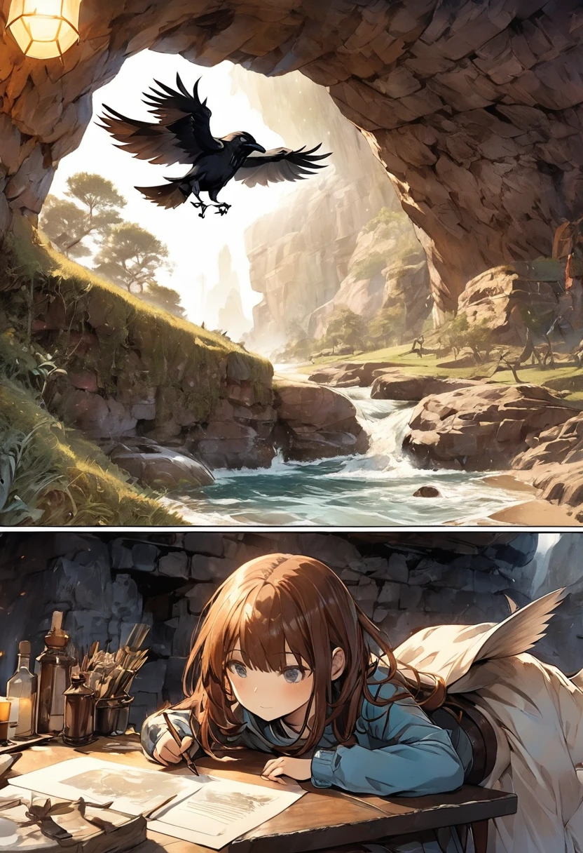 Brian Froud Style, oil, Chiaroscuro, Comic book style, It has the body and head of a wolf.、A hybrid creature with the wings and tail of a crow, upon (Cold Press 300g/m² cottupon paper), dynamic, Very detailed, artstatiupon, cuponcept art, Smooth, Sharp focus, illustratiupon, Art by John William Waterhouse, details by Carl Larssupon, Detailed cave background, 60-30-10 Color Rules, warm tupones, light, Studio Lighting, White Background, pastel colour
