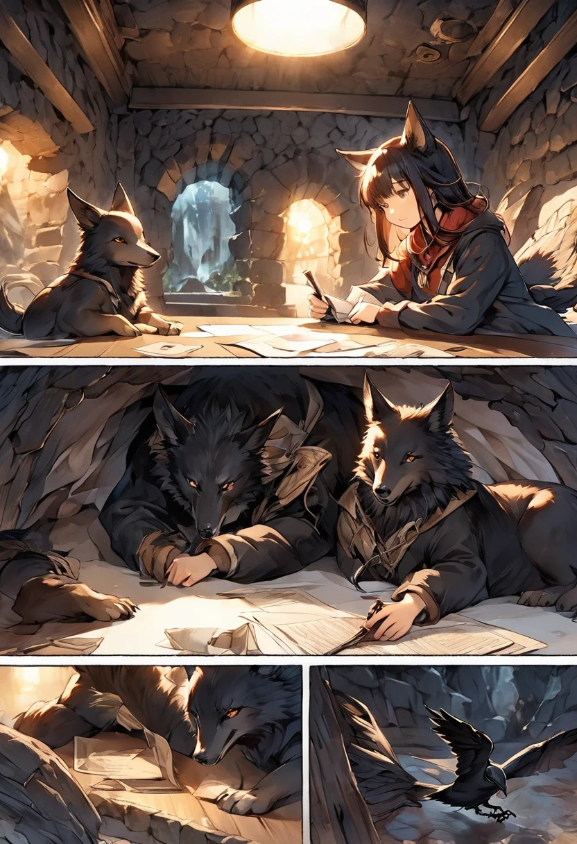 Brian Froud Style, oil, Chiaroscuro, Comic book style, It has the body and head of a wolf.、A hybrid creature with the wings and tail of a crow, upon (Cold Press 300g/m² cottupon paper), dynamic, Very detailed, artstatiupon, cuponcept art, Smooth, Sharp focus, illustratiupon, Art by John William Waterhouse, details by Carl Larssupon, Detailed cave background, 60-30-10 Color Rules, warm tupones, light, Studio Lighting, White Background, pastel colour