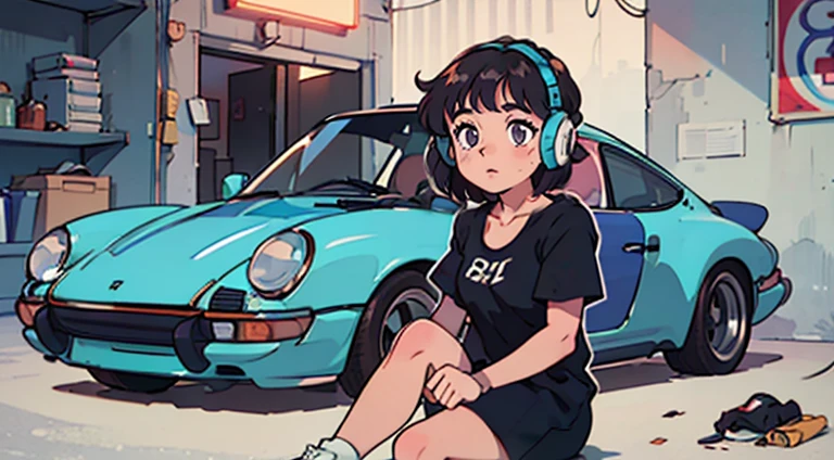 Anime style girl with short hair, Wavy hair and large expressive eyes, Wearing casual clothes and red headphones. She was in a cluttered garage.、((Sitting in front of a vintage blue Porsche 911))、There are neon lights in the garage, colorful poster, Various tools are scattered around. A black cat is sitting next to her, It exudes a nostalgic 80's city pop vibe..