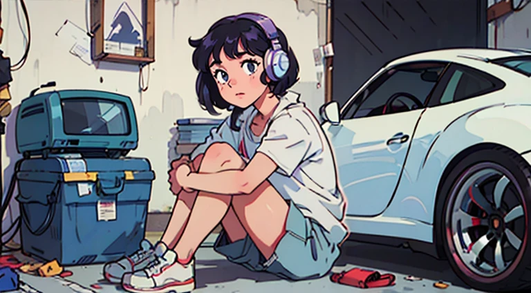 Anime style girl with short hair, Wavy hair and large expressive eyes, Wearing casual clothes and red headphones. She was in a cluttered garage.、((Sitting in front of a vintage blue Porsche 911))、There are neon lights in the garage, colorful poster, Various tools are scattered around. A black cat is sitting next to her, It exudes a nostalgic 80&#39;s city pop vibe..