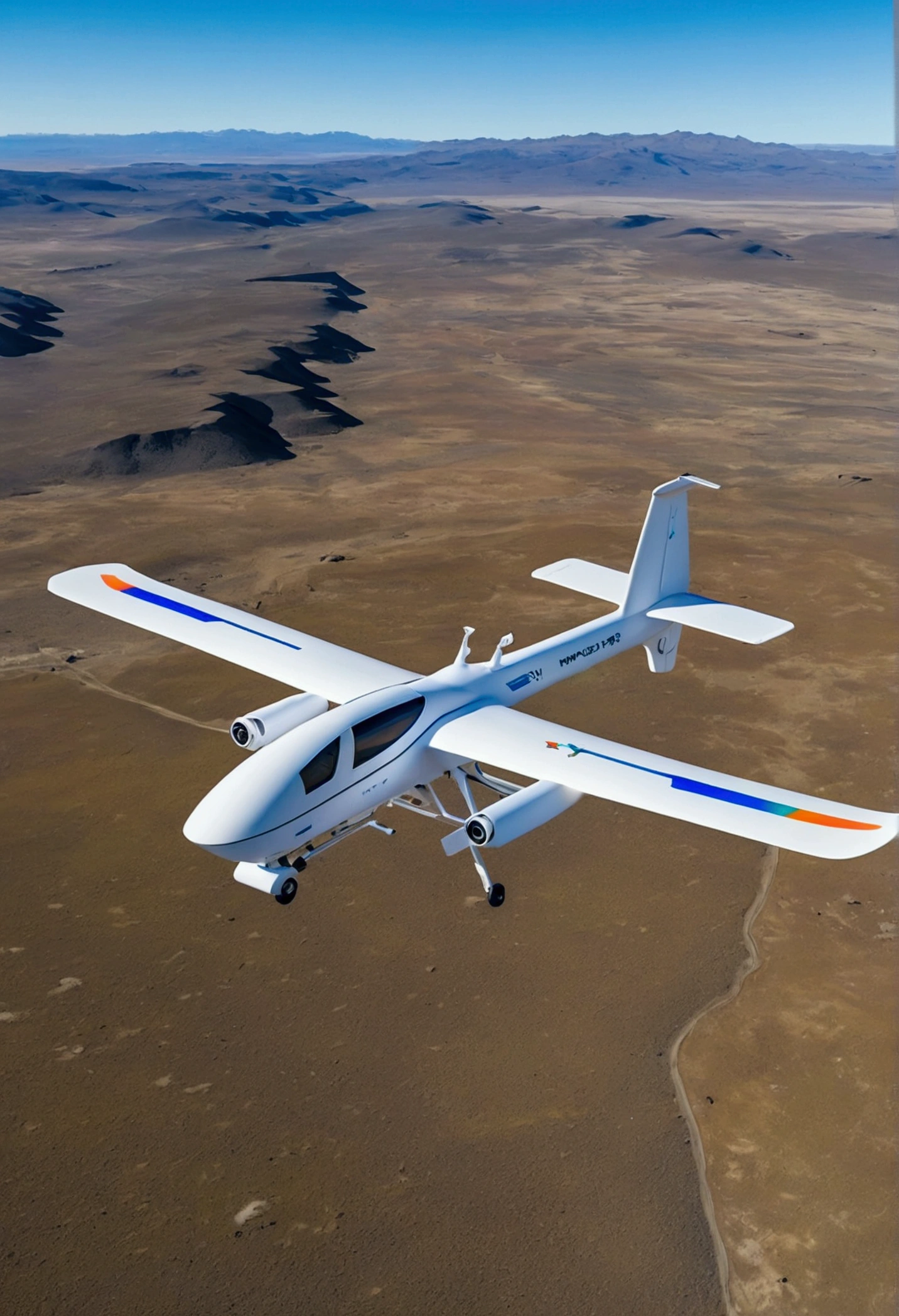 Aircraft wing drone, featuring a white body with colored wing tips and a two-meter wingspan, equipped with an advanced thermal sensor located near the nose. The drone is conducting a wildlife survey over the Patagonian steppe. The thermal imagery highlights guanacos moving across the terrain. The image emphasizes the drone's role in conservation, with a dramatic view of the steppe and a clear blue sky above
