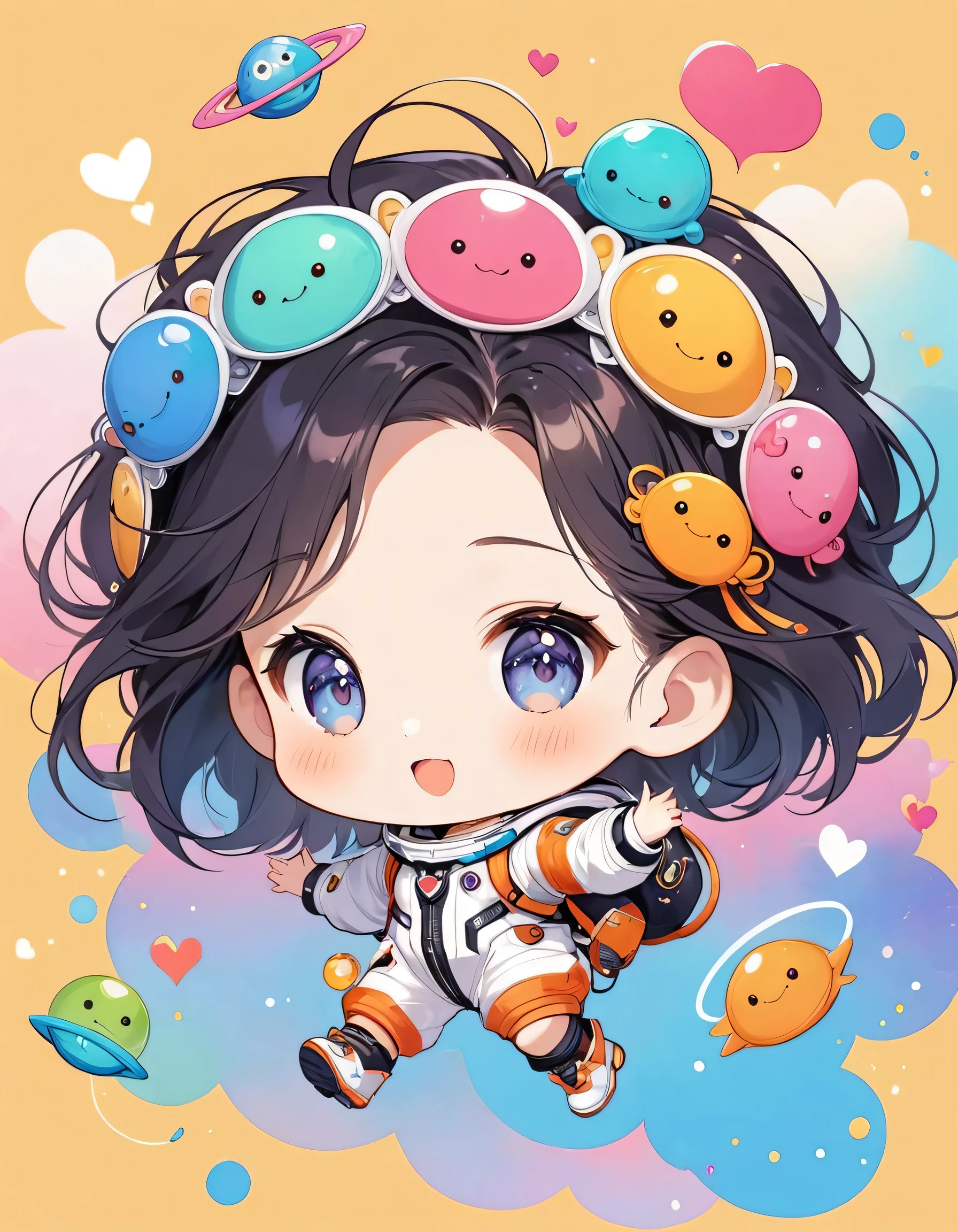 Momoko Sakura colorfull style, Simple Line Initialism,Abstract art,(((The most beautiful girl of all time))), (((chibi))), Sweet face. colorful hearts, funny design, (((happy dance))), Spacesuit, (((Cute Aliens))), The background is space
