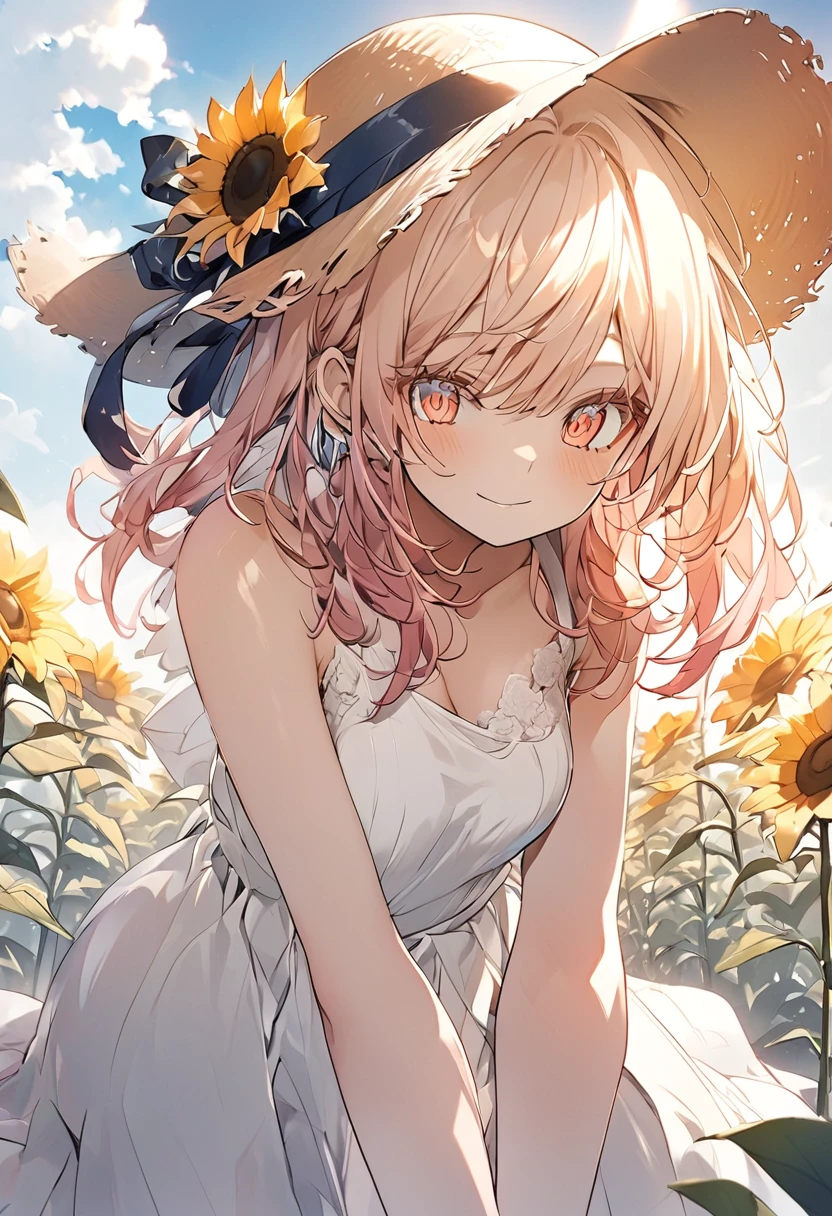 Fuwa Aika,One girl,alone, (White lace dress:1.2),loose fitting dress (sun visor hat:1.2), Sunflower field, Under the sunlight, A light smile,View your viewers, Wind, dynamic, Strong light and shadow,dynamic pose,