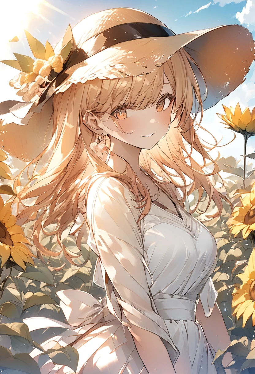 Fuwa Aika,One girl,alone, (White lace dress:1.2),loose fitting dress (sun visor hat:1.2), Sunflower field, Under the sunlight, A light smile,View your viewers, Wind, dynamic, Strong light and shadow,dynamic pose,