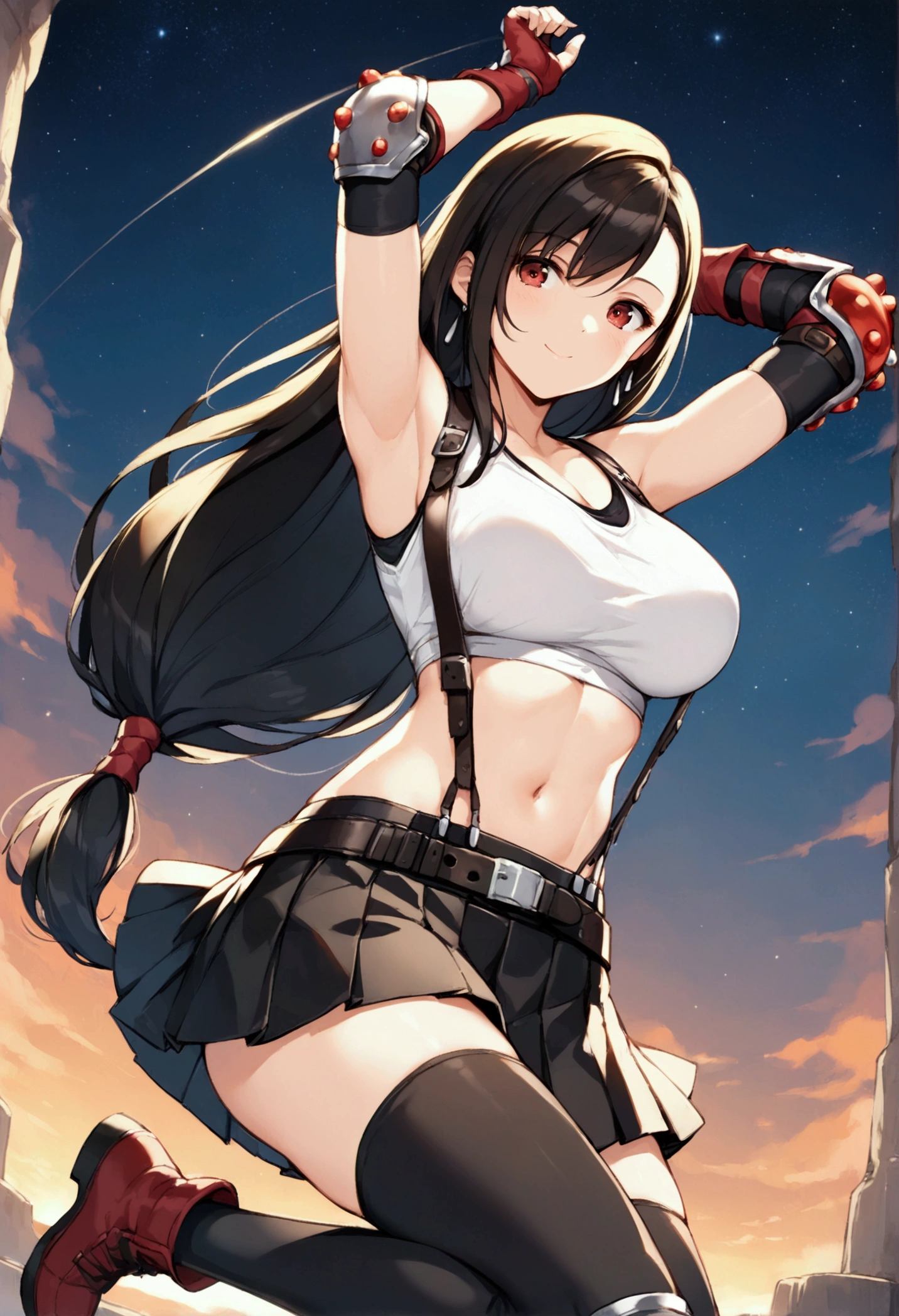 (score_9,score_8_up,score_7_up), masterpiece, best quality, 
newest, recent, perfect anatomy,
official art, very aesthetic,tegaki, illustration,arms up, side pose,(top angle),,(upperbody) ,Solo,1girl, tifa lockhart, final fantasy,black hair, low-tied long hair, red eyes, bangs, (white tank top,gap),(High exposure，Belly exposure，the ribs)，(belt, pleated skirt, thighhighs, elbow fingerless gloves, elbow pads, midriff, navel,suspenders.skirt),beautiful waist ,(large_breast:1.3),light smile,,,outdoor,star sky,night, 　　