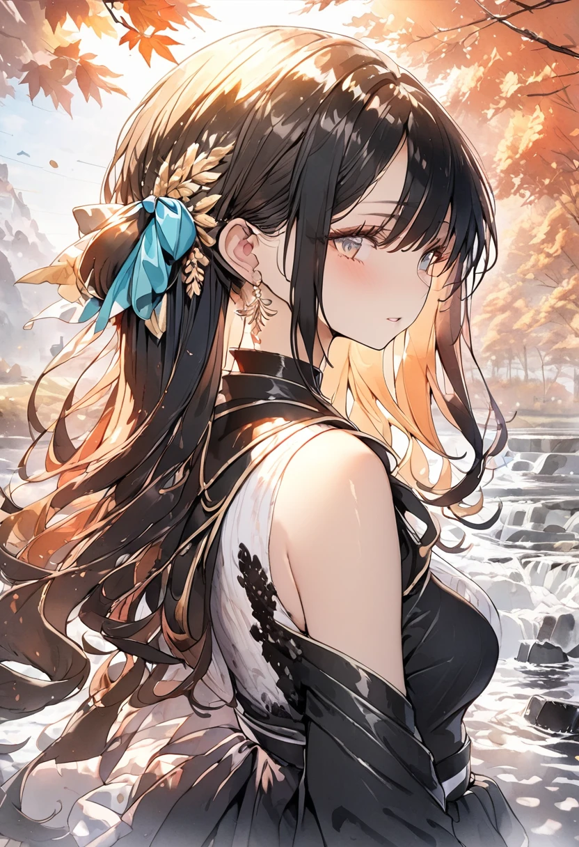 (8k, Highest quality, masterpiece:1.2),(Highest quality:1.0), (Ultra-high resolution:1.0), watercolor, Beautiful woman, shoulder, Hair Ribbon, Agnes Cecil, Half Body Portrait, Very bright and luminous design, pastel colour, (ink:1.3), Autumn Light,