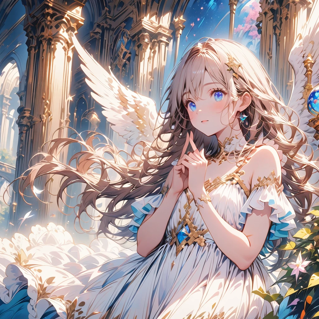 (best quality:1.2),(hands finger 5 digits:1.3),(extremely delicate and beautiful:1.3),(detailed ultra detailed:1.2),(scenery clear details:1.2),(scenery crystal clear :1.2),(solo),(blue eyes),(long white long hair),(white dress),(angel wings),(floating white feathers,starry sky),(clusters of stars,starry sky),(glinting stars),(solo),(long silver long hair),(best quality:1.2),(hands finger 5 digits:1.3),(extremely delicate and beautiful:1.3),(detailed ultra detailed:1.2),(scenery clear details:1.2),