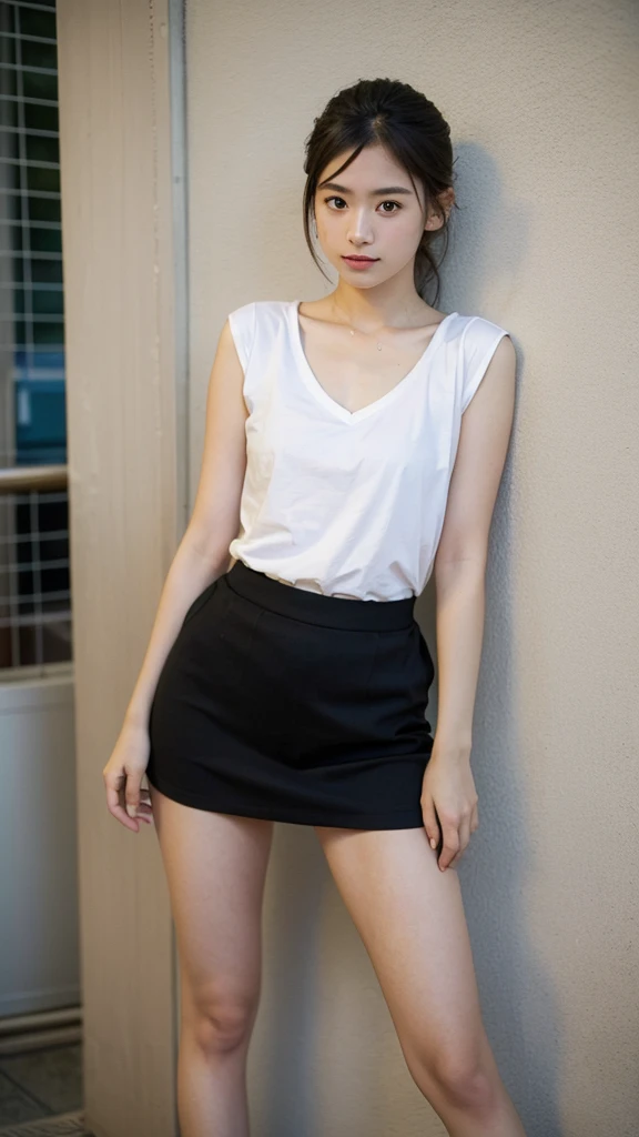 (masterpiece:1.3, Highest quality, Ultra-high resolution, Very detailed), (Realistic:1.1, photoRealistic:1.4), (Perfect Anatomy, Anatomically correct),Beautiful Japan Junior High School Girls、、Short skirt、Lift up the skirt、I can see your panties、In front of an inorganic wall、Stand upright、lifting scart