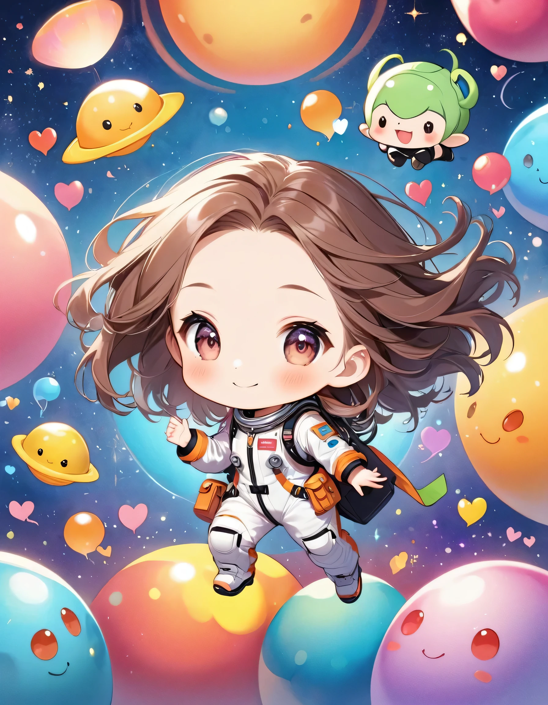 Momoko Sakura colorfull style, Simple Line Initialism,Abstract art,(((The most beautiful girl of all time))), (((chibi))), Sweet face. colorful hearts, funny design, (((happy dance))), Spacesuit, (((Cute Aliens))), The background is space