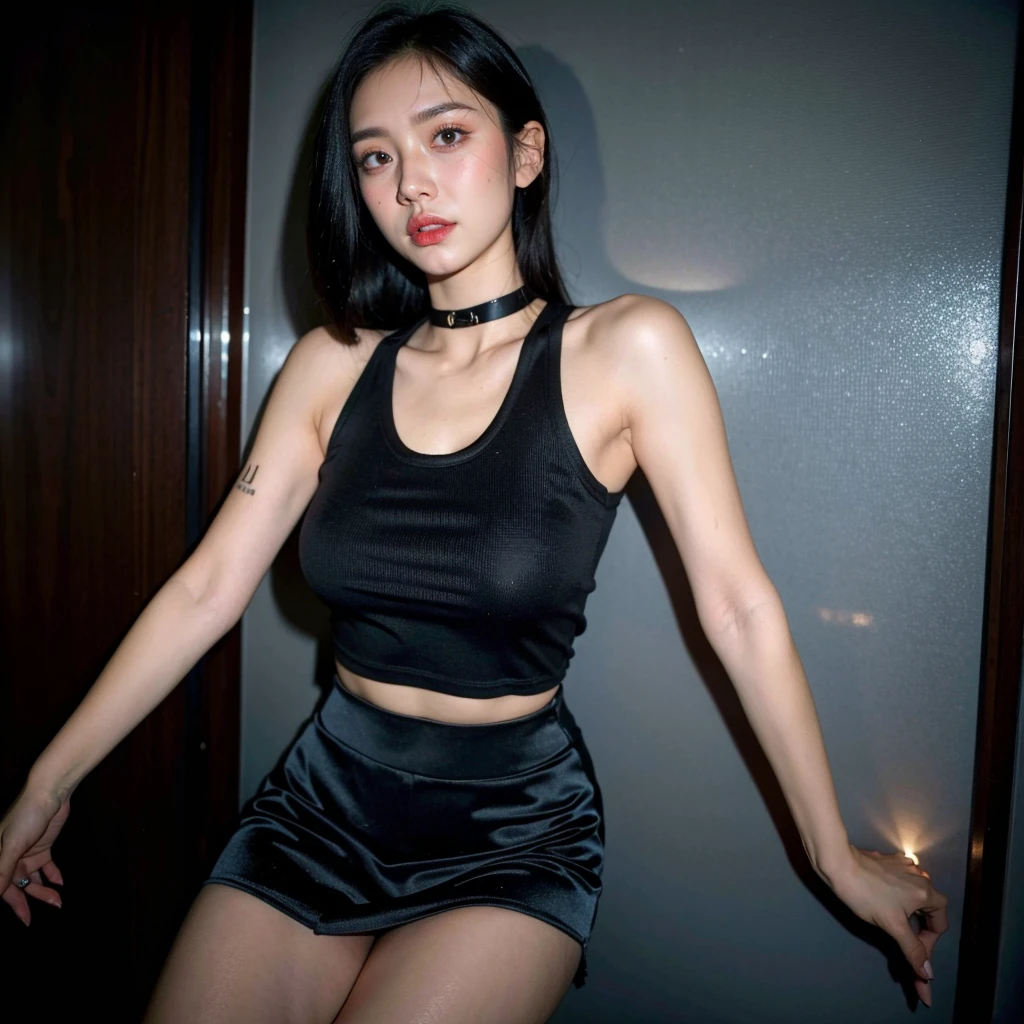 best quality, ultra high res, (photorealistic:1.4), 2girl, tanktop black shirt, black tight skirt, black choker, (faded ash gray hair:1), medium breasts, looking at viewer, closeup, (pretty face) , southeast asia girl.
