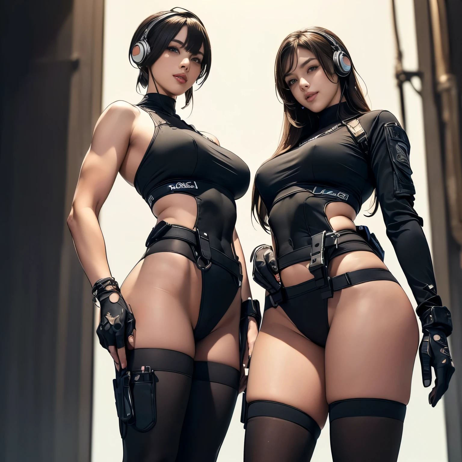(Two Women),(((Women standing side by side:1.5))),((Black tactical tights:1.5)),((Black headphones:1.5)),((Black Tactical Holster:1.5)),(Black Gloves:1.5),((Wearing the same:1.5)),(Smile:1.5),(beautiful eyes:1.3),(Very detailedな顔:1.5),((Very detailed drawing of a female hand:1.5)),((muscular:1.5)),(Sexy appearance:1.5),((Thick thighs:1.5)),(Beautiful Body:1.5),((Very sensual:1.5)),(Background is the city:1.5),(((Blurred Background:1.5))),(Written border depth:1.5),rest(((masterpiece:1.5),(best quality:1.5),(Very detailed:1.5),(high resolution:1.5),(Practical:1.5),(Practical:1.5),(Delicate depiction),(Carefully drawn))),8k,wallpaper,from below:1.2