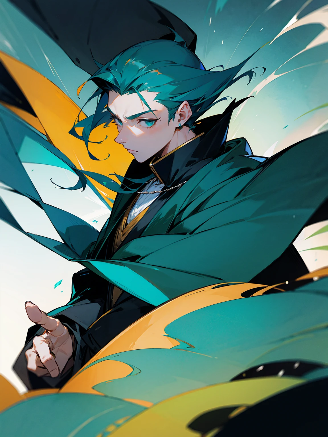 1male, adult, teal hair, slickback hair, black yukata, cape, necklace, confident, magic