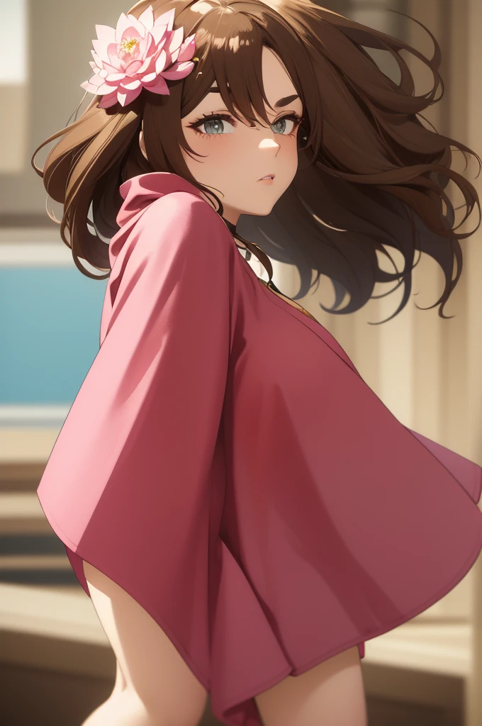 Non-Binary, Femboy, with light chocolate Brown hair even with shoulders in a windswept cut style, has a soft facial complexion, feminine features, full body, best quality, solo, short eyebrows, shoulder length hair, brown hair, hazel green eyes, choker, arched back, full body shot, in summer, cafe, summer festival, facing the camera, magenta colored robes with the edges lined with golden yellow silk, stylized white lotus flower on the robes, large plump k-cup breasts