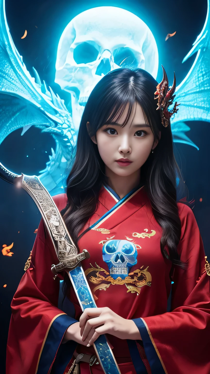 Girl, Holding a sword decorated with Japanese symbols, Blue flames coming out of the decoration, A dragon came out of it、A blue wind blows with a skull ghost, Perfect Judy with a face and scythe,The woman is wearing a proper red outfit made of sickle steel., The woman's hair is black, The woman is the incarnation of the demon., Dragon on background,(The background of the CG 8k module is very detailed) (Highest quality), (Best illustrations), (Best shade), Very detailed t--v6