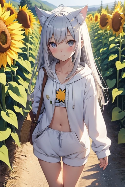 anime、Nekomimi Girl、A kind face、Shy、Sunflower field、The sun is dazzling、summer、countryside、With nothing on my back and no belongings、A simple white hoodie、Shorts、The tail is visible、Woven wheat sandals、Silver straight hair、Her chest is a B cup、Slender figure、The cat's ears are squishy.、