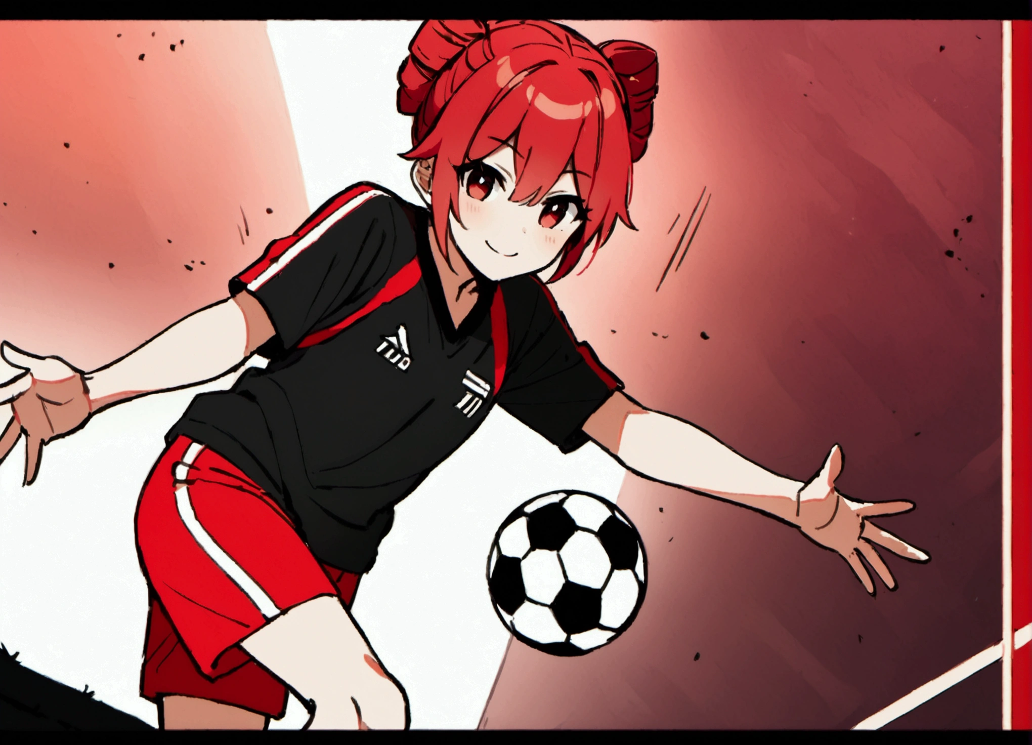 Red hair, plays soccer, smiles