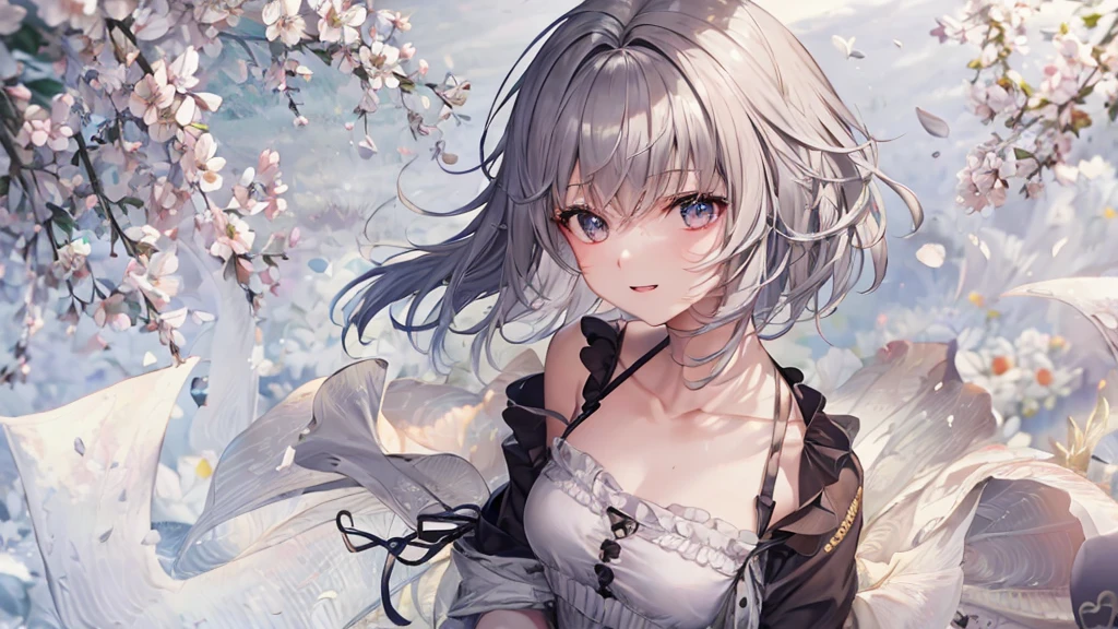 Ultra HD,Look at the viewers, Put your hands behind your back, With a girl, 20-year-old, 非常にShort Hair, Long bangs between the eyes, Pale blue eyes, Very detailed,(masterpiece、Highest quality),Gray Hair、Laughter、Fantastic, Silver Hair, Iris, Short hair、 Fluttering Hair、Small Face、明るいsmile、(Detailed face) ,Professional Lighting,Wonderful landscape,blue sky, sunlight,Looking down from above,Portraiture、Open your mouth、Flower Field、Her eyes were shining、Mysterious and enchanting atmosphere。With AI Painting、とてもShort Hair, Long bangs between the eyes, Very detailed,(masterpiece、Highest quality)、alone、Gray Hair、Fantasy, Silver Hair, Fantasyな風景、smile、Open your mouth、short hair、Short Hair、hairpin、black eye、Grey Eyes、Beautiful Eyes、Black Shirt、White hoodie