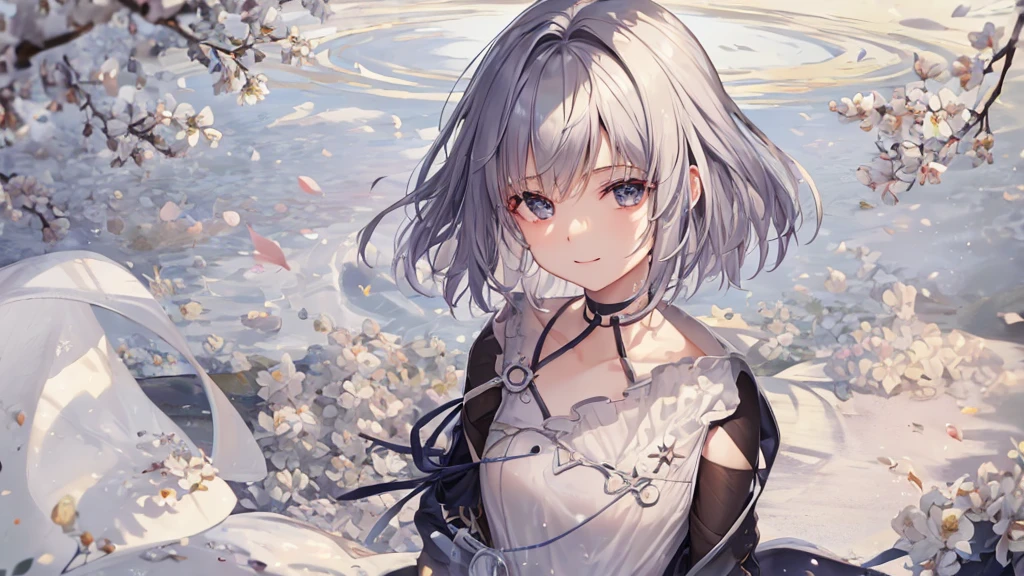 Ultra HD,Look at the viewers, Put your hands behind your back, With a girl, 20-year-old, 非常にShort Hair, Long bangs between the eyes, Pale blue eyes, Very detailed,(masterpiece、Highest quality),Gray Hair、Laughter、Fantastic, Silver Hair, Iris, Short hair、 Fluttering Hair、Small Face、明るいsmile、(Detailed face) ,Professional Lighting,Wonderful landscape,blue sky, sunlight,Looking down from above,Portraiture、Open your mouth、Flower Field、Her eyes were shining、Mysterious and enchanting atmosphere。With AI Painting、とてもShort Hair, Long bangs between the eyes, Very detailed,(masterpiece、Highest quality)、alone、Gray Hair、Fantasy, Silver Hair, Fantasyな風景、smile、Open your mouth、short hair、Short Hair、hairpin、black eye、Grey Eyes、Beautiful Eyes、Black Shirt、White hoodie