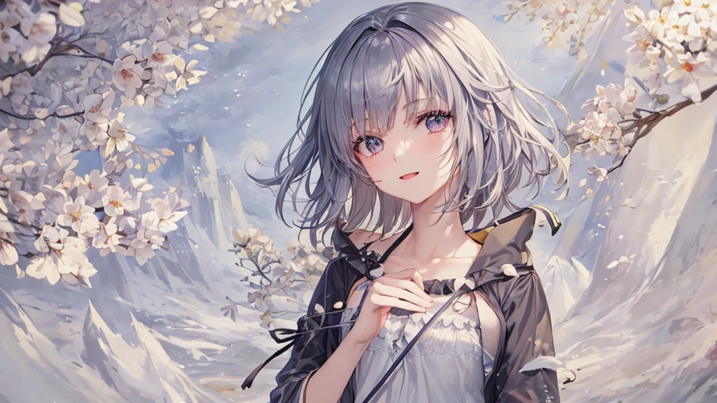Ultra HD,Look at the viewers, Put your hands behind your back, With a girl, 20-year-old, 非常にShort Hair, Long bangs between the eyes, Pale blue eyes, Very detailed,(masterpiece、Highest quality),Gray Hair、Laughter、Fantastic, Silver Hair, Iris, Short hair、 Fluttering Hair、Small Face、明るいsmile、(Detailed face) ,Professional Lighting,Wonderful landscape,blue sky, sunlight,Looking down from above,Portraiture、Open your mouth、Flower Field、Her eyes were shining、Mysterious and enchanting atmosphere。With AI Painting、とてもShort Hair, Long bangs between the eyes, Very detailed,(masterpiece、Highest quality)、alone、Gray Hair、Fantasy, Silver Hair, Fantasyな風景、smile、Open your mouth、short hair、Short Hair、hairpin、black eye、Grey Eyes、Beautiful Eyes、Black Shirt、White hoodie