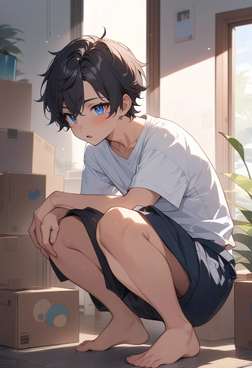 masterpiece, best quality, extremely detailed, ultra detailed, flat anime, 2D, ((1boy)),black hair, (short hair:1.5),blue eyes, height 1.7meters, (circle eyes:1.2), (young adult:1.2), Ear-length sideburns, long Sleeves, White T-shirt, barefoot, ((short sleeves)), ((long pants)), squatting, open mouth, summer, 12AM, livingroom,organizing the boxes., ((portrait)),full body,expressionless,((looking at viewer))