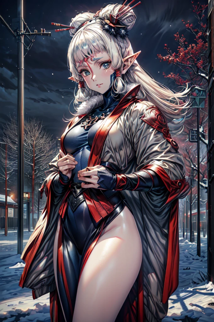 (masterpiece:1.1), (best quality:1.1), 1girl, Real light and shadow, anime face, 4k, 8k, wallpaper,epic, detail texture, Paya, elf ears, pointy ears, White hair, Dark skin, tanned skin, (blue eyes:1.5), ((((white hair:1.35, long hair)))),intricate eyes,beautiful detailed eyes, (symmetrical eyes,big eyes:1.5,(((lustrous skin:1.5,bright skin: 1.5,skin tanned,shiny skin,very shiny skin,shiny body,plastic glitter skin,exaggerated shiny skin,illuminated skin))),(detailed body,(detailed face)), cute, erotic,daring, (((medieval man armor, fur hat, adventurer man armor,winter coat))),(((intricate outfit,intricate clothes, embroidered outfit,ornate outfit,embroidered clothes,ornate clothing))), (dynamic pose:1.0),happy,smile,(centered,scale to fit dimensions,Rule of thirds), ((snowy pine forest at night)), with dark stormy clouds,winter,scenery:1.25,((snow forest background)),Christmas tree, highres,sharp focus,(ultra detailed,extremely detailed),(photorealistic artwork:1.37),(extremely detailed CG unity 8k wallpaper),(((vibrant colors,vibrant theme))),(intricate),(masterpiece),(best quality),
