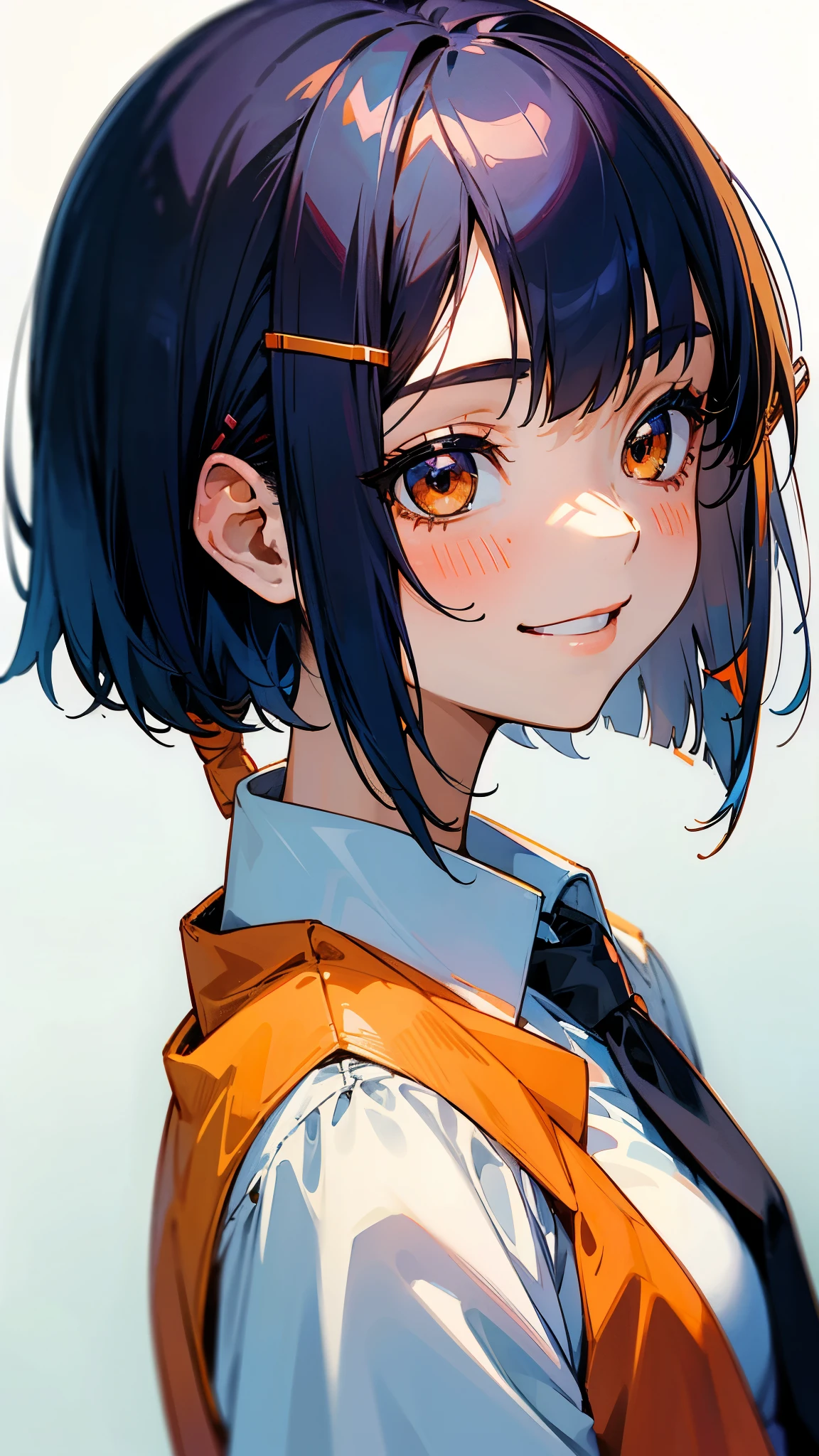 1 girl、Anime Images、shiny dark blue hair、Short Bob Hairstyles、Tie your hair with an orange hair clip、Beautiful brown eyes、Grin、From the side、Upper body close-up