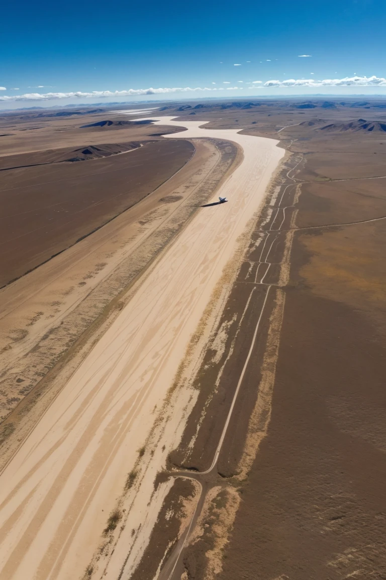 drone, featuring a white body with colored wing tips and a two-meter wingspan, equipped with an advanced thermal sensor located near the nose. The drone is conducting a wildlife survey over the Patagonian steppe. The thermal imagery highlights guanacos moving across the terrain. The image emphasizes the drone's role in conservation, with a dramatic view of the steppe and a clear blue sky above