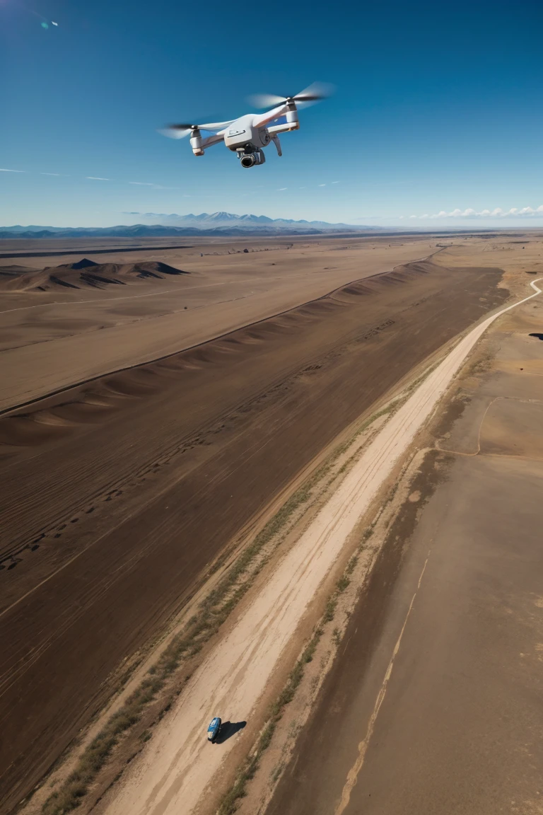 drone, featuring a white body with colored wing tips and a two-meter wingspan, equipped with an advanced thermal sensor located near the nose. The drone is conducting a wildlife survey over the Patagonian steppe. The thermal imagery highlights guanacos moving across the terrain. The image emphasizes the drone's role in conservation, with a dramatic view of the steppe and a clear blue sky above