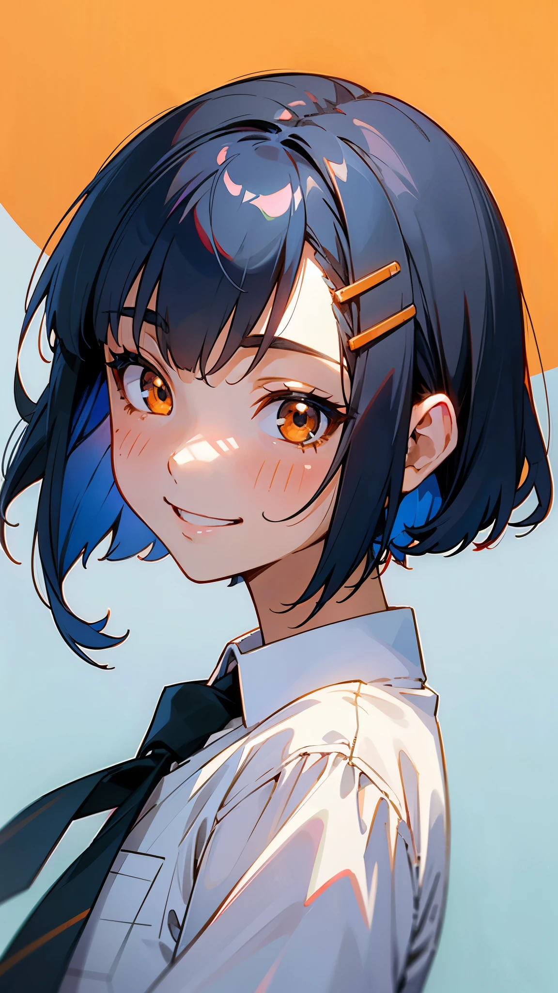 1 girl、Anime Images、shiny dark blue hair、Short Bob Hairstyles、Tie your hair with an orange hair clip、Beautiful brown eyes、Grin、From the side、Upper body close-up