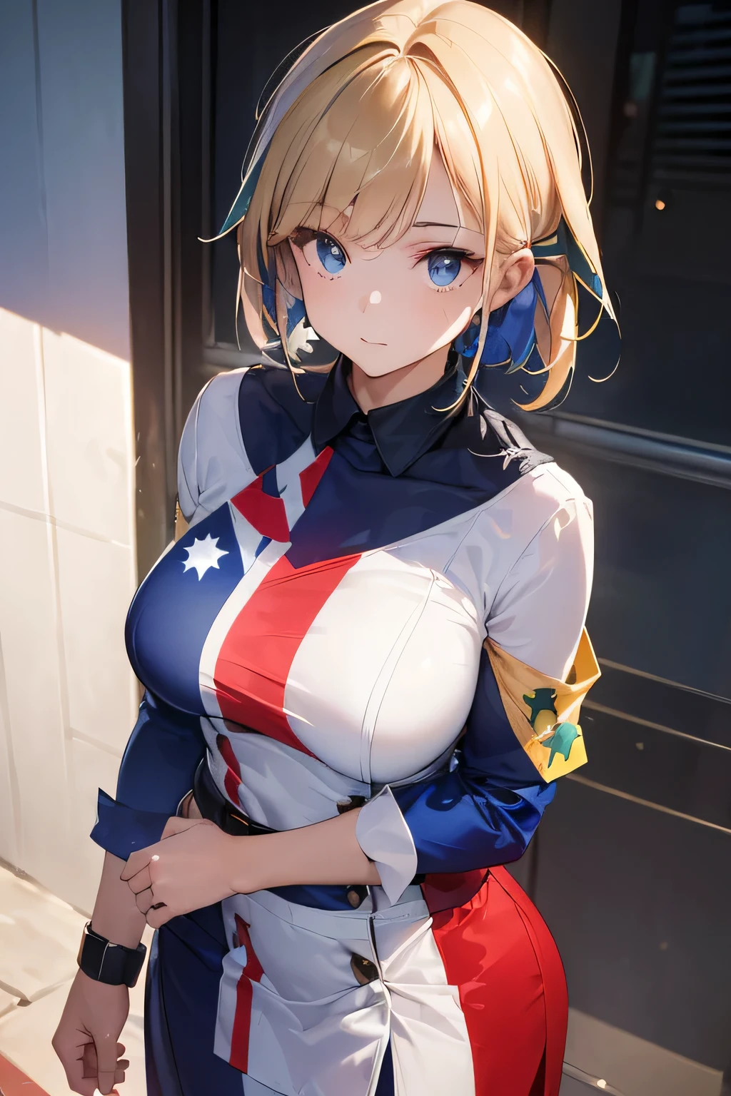 (((Australian flag-inspired outfit:1.3))),(((Woman in men's clothing:1.3))),(Federation Star),(masterpiece,Highest quality,Ultra-high resolution output images,Write boundary depth,Intricate details,Adding dimension to your subject with the contrast of light and shadow,Anatomically correct facial structure),(Picture Mode Ultra HD,)